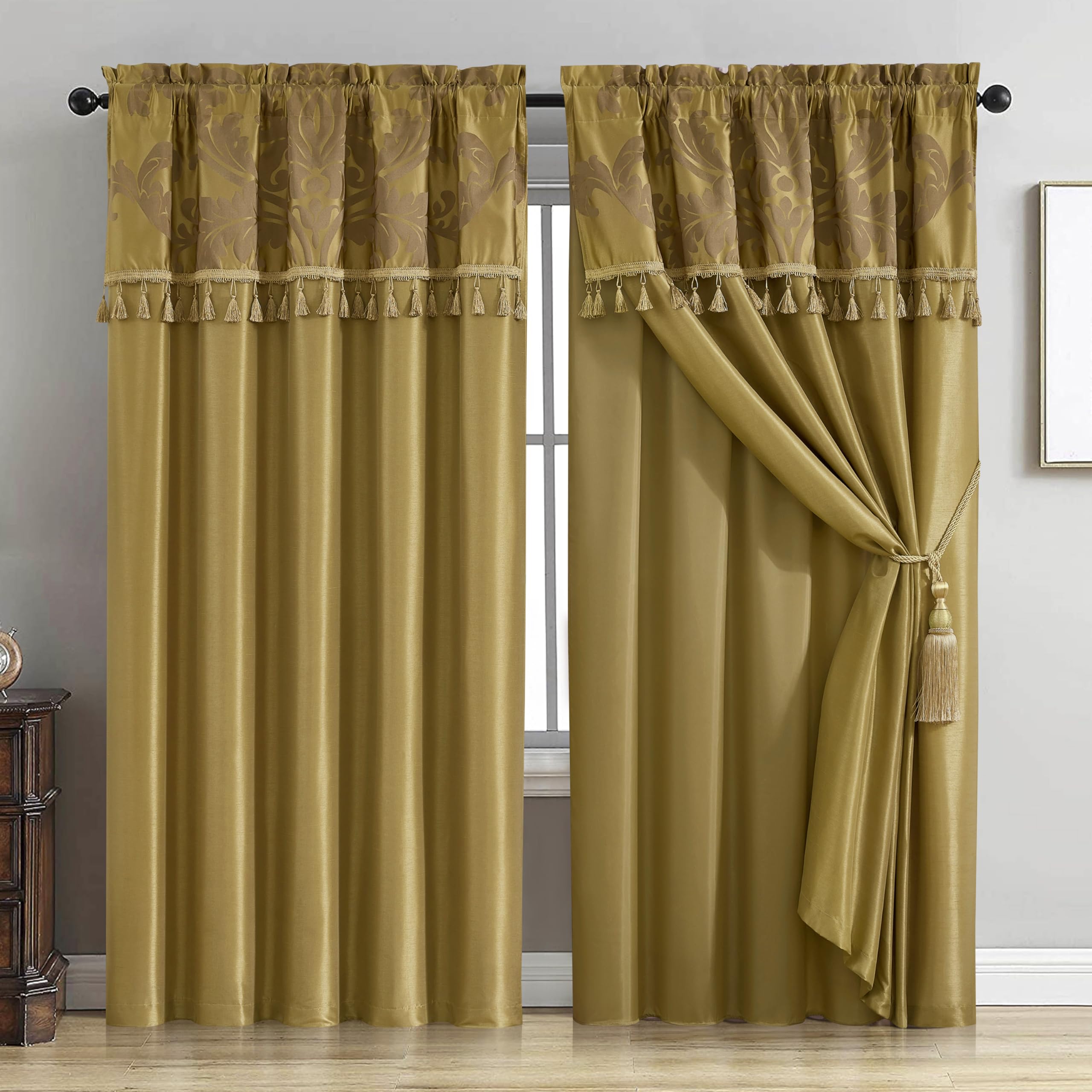 Chezmoi Collection Royale 4-Piece Jacquard Floral Window Curtain/Drape Set with Sheer Backing Valance Tassels, Champagne