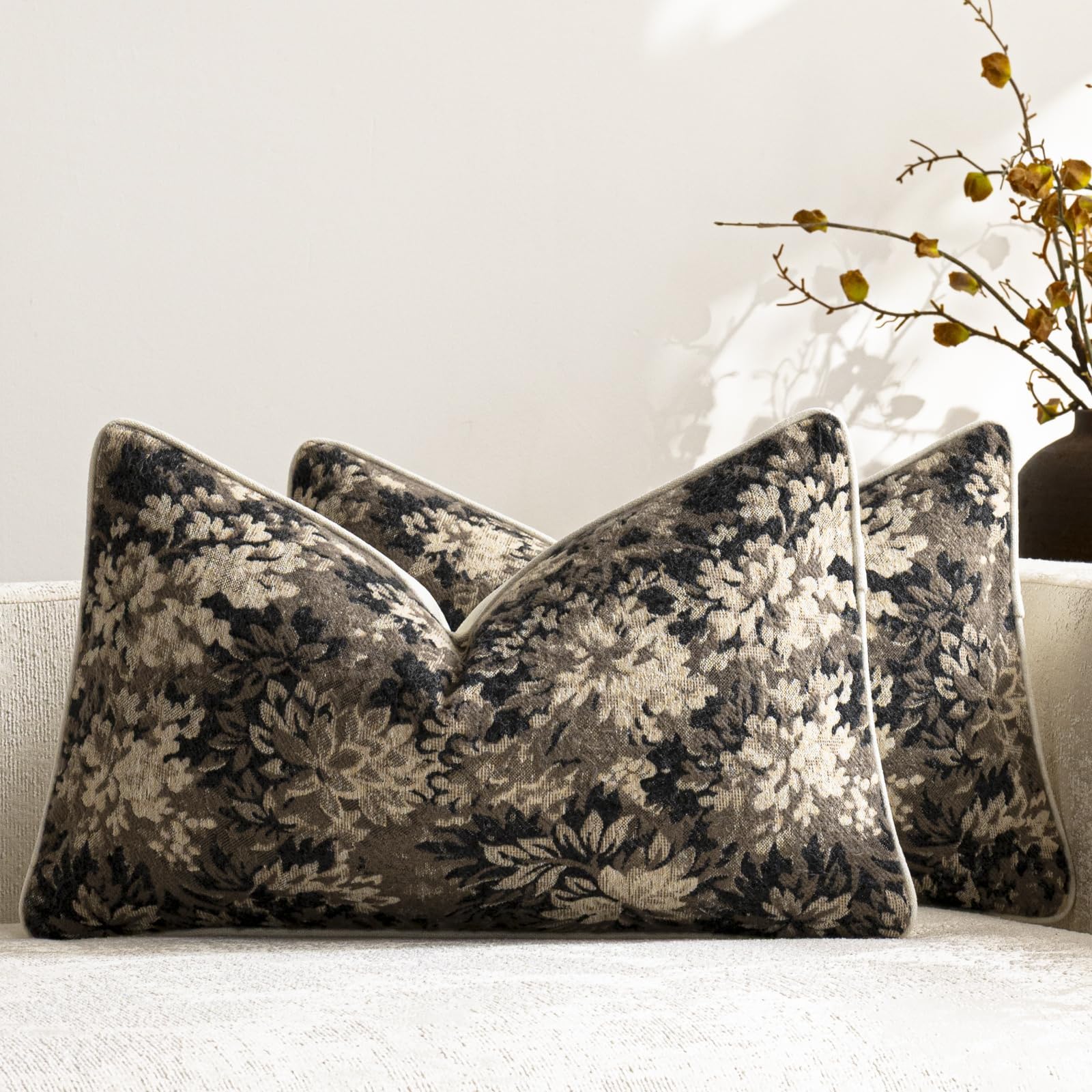 DEZENE Pack of 2 Vintage Floral Throw Pillow Covers 20x20 Boho Farmhouse Accents Chenille Square Decorative Pillow Cases for Living Room Couch Bed Home Decor, Dark Brown