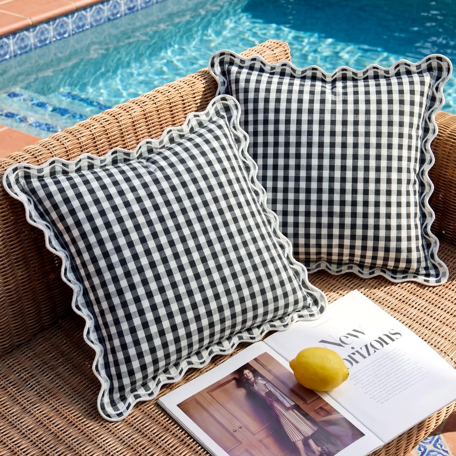 12x20 Navy Blue Gingham Plaid Scalloped Outdoor Lumbar Pillows Waterproof & Fade-Resistant Set of 2, Coastal Checkered Embroidered Ruffle Pillow Covers Decorative for Patio Furniture, Beach Decor