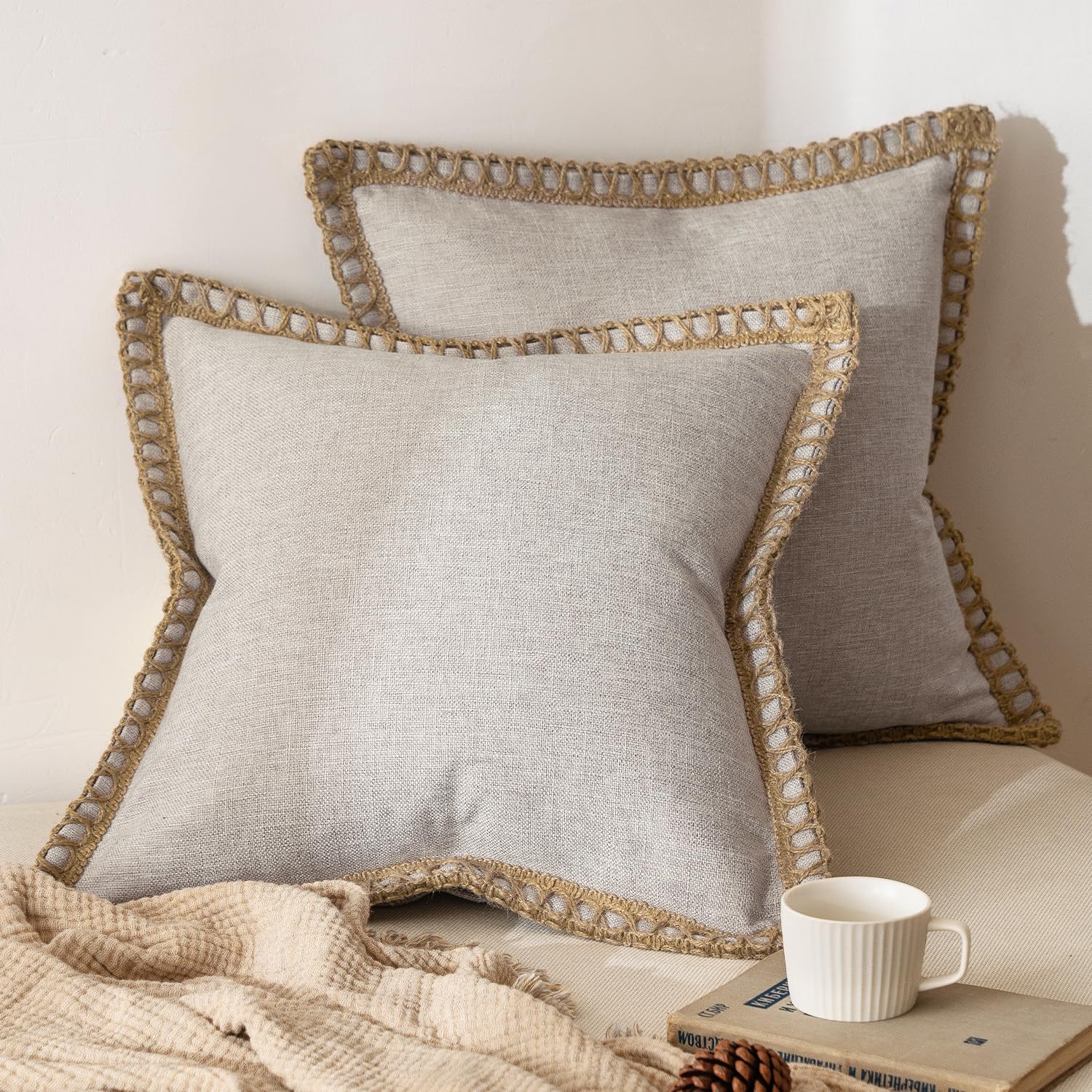 MIULEE Pack of 2 Decorative Throw Pillow Covers Modern Farmhouse Outdoor Pillow Covers Neutral Linen Burlap Cushions for Couch Bed Living Room Sofa, Natural White 18 x 18 inches 45 x 45 cm
