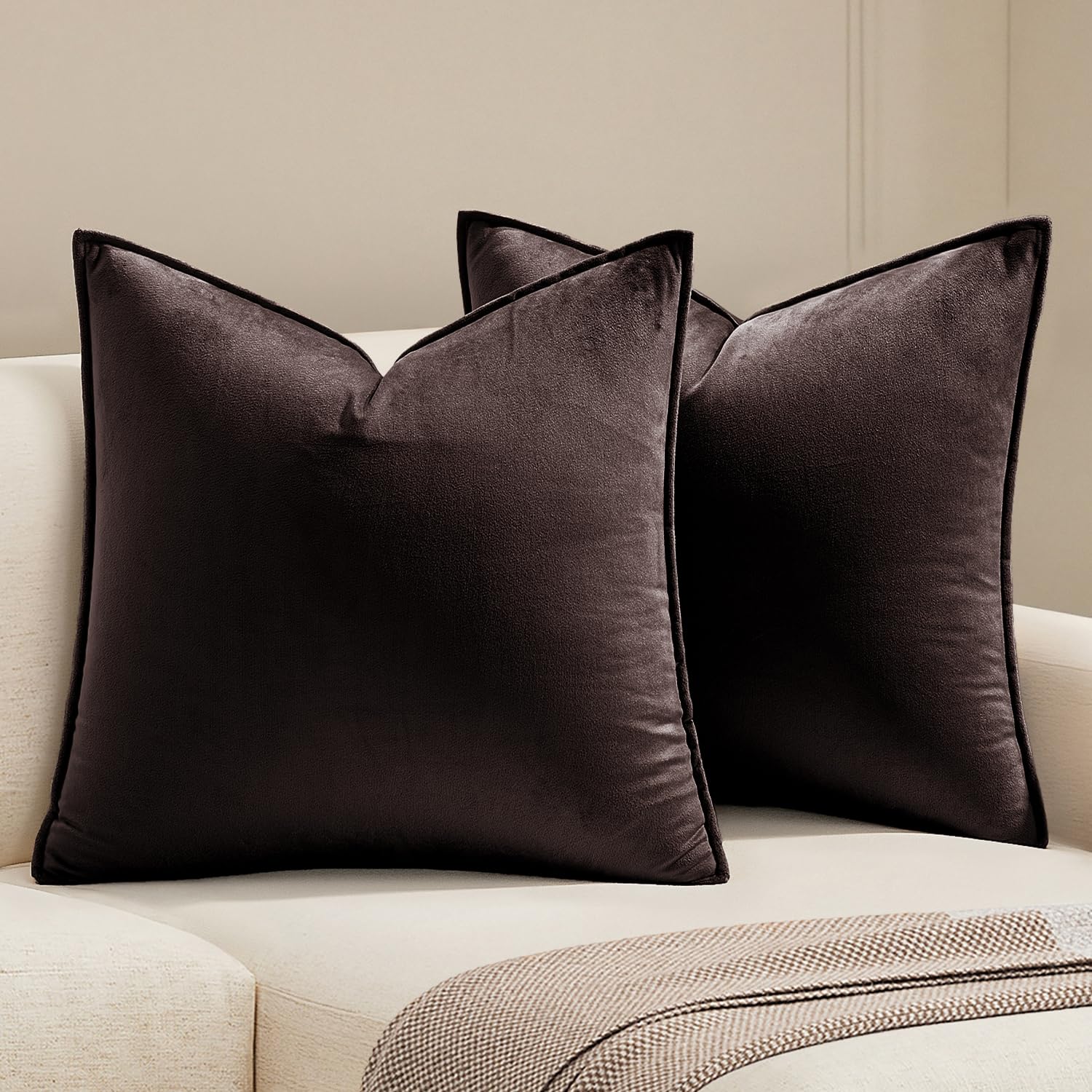 MIULEE Dark Coffee Velvet Throw Pillow Covers 22x22 Taupe Neutral Soft Decorative Solid Square Cushion Cases Pack of 2 Modern Luxury Home Decor for Couch, Sofa, Bedroom
