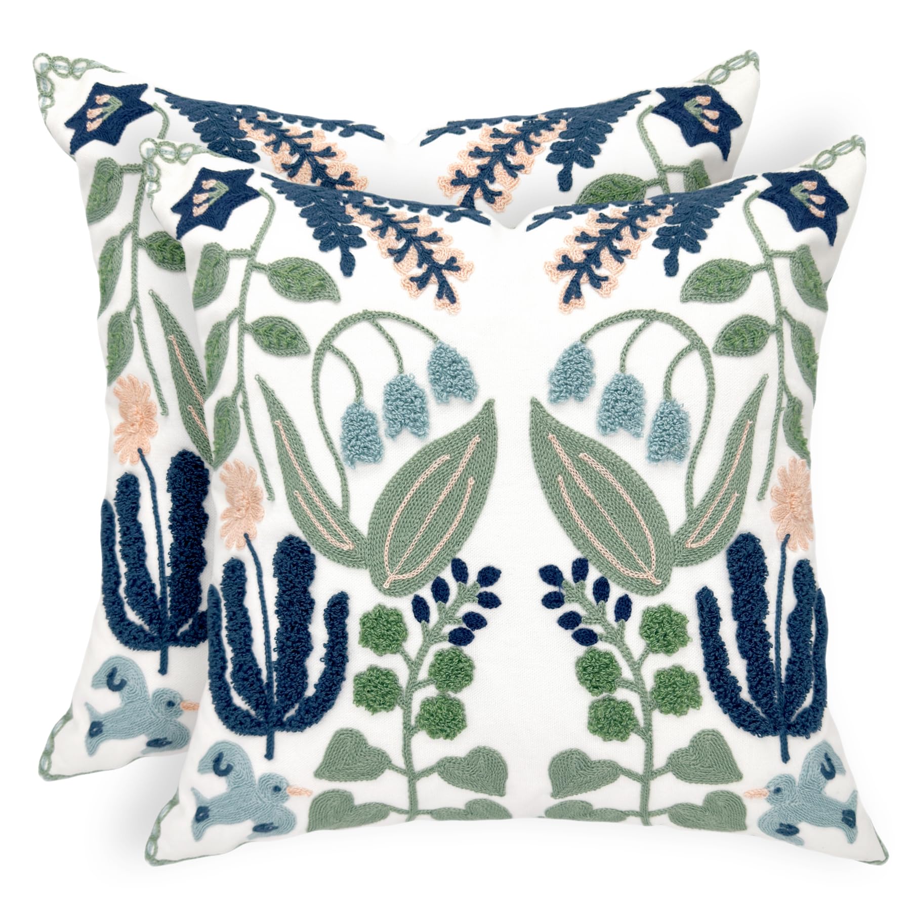 18 Inch Blue Floral Embroidered Cotton Pillow Covers Farmhouse Decor Set of 2