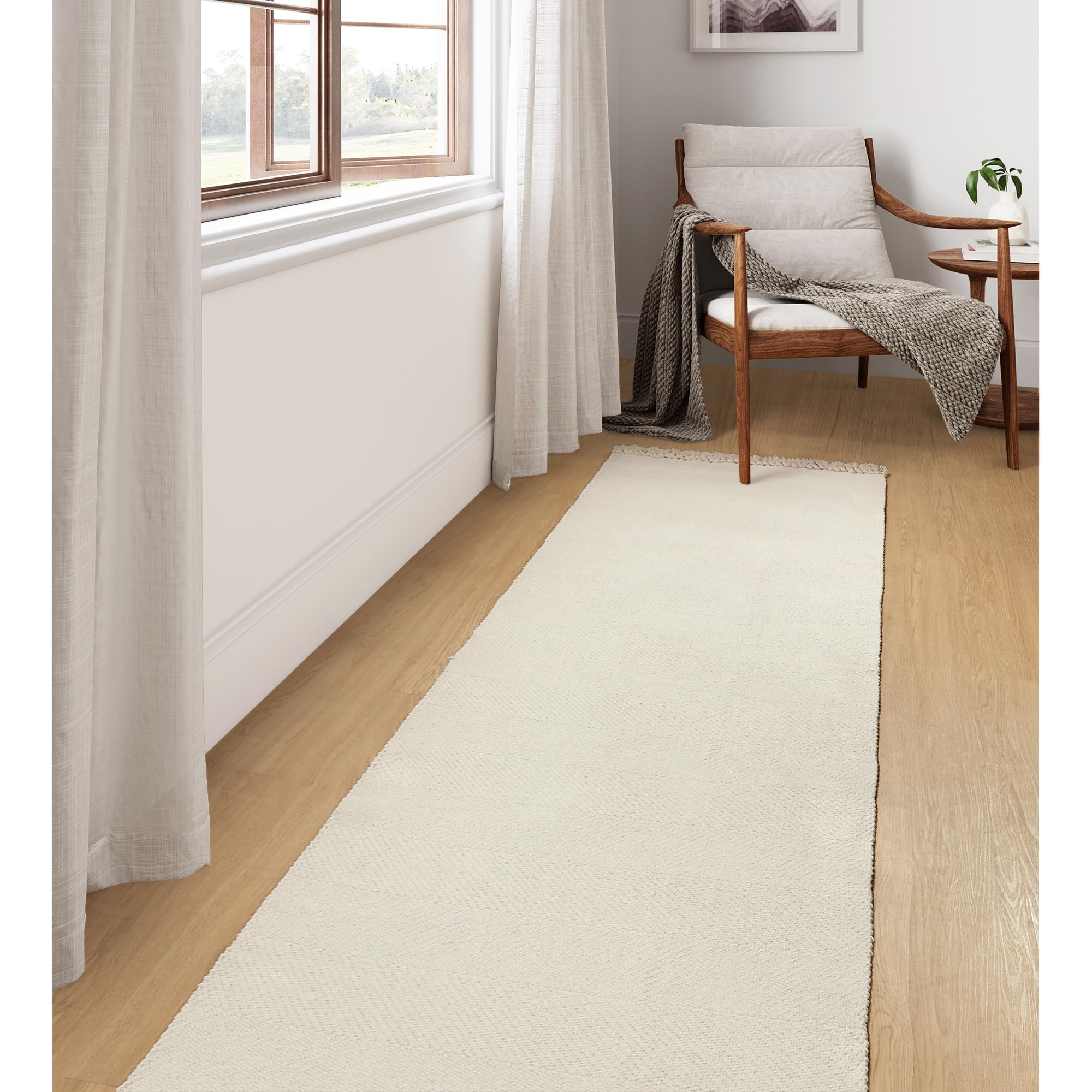 Collive Comfy Area Rug 4' x 6', Tan/Cream Woven Cotton Bedroom Rugs, Modern Indoor Accent Rug Floor Carpet with Tassel for Living Room, Nursery Room, Dining Room, Bedside, Office, Patio Decor