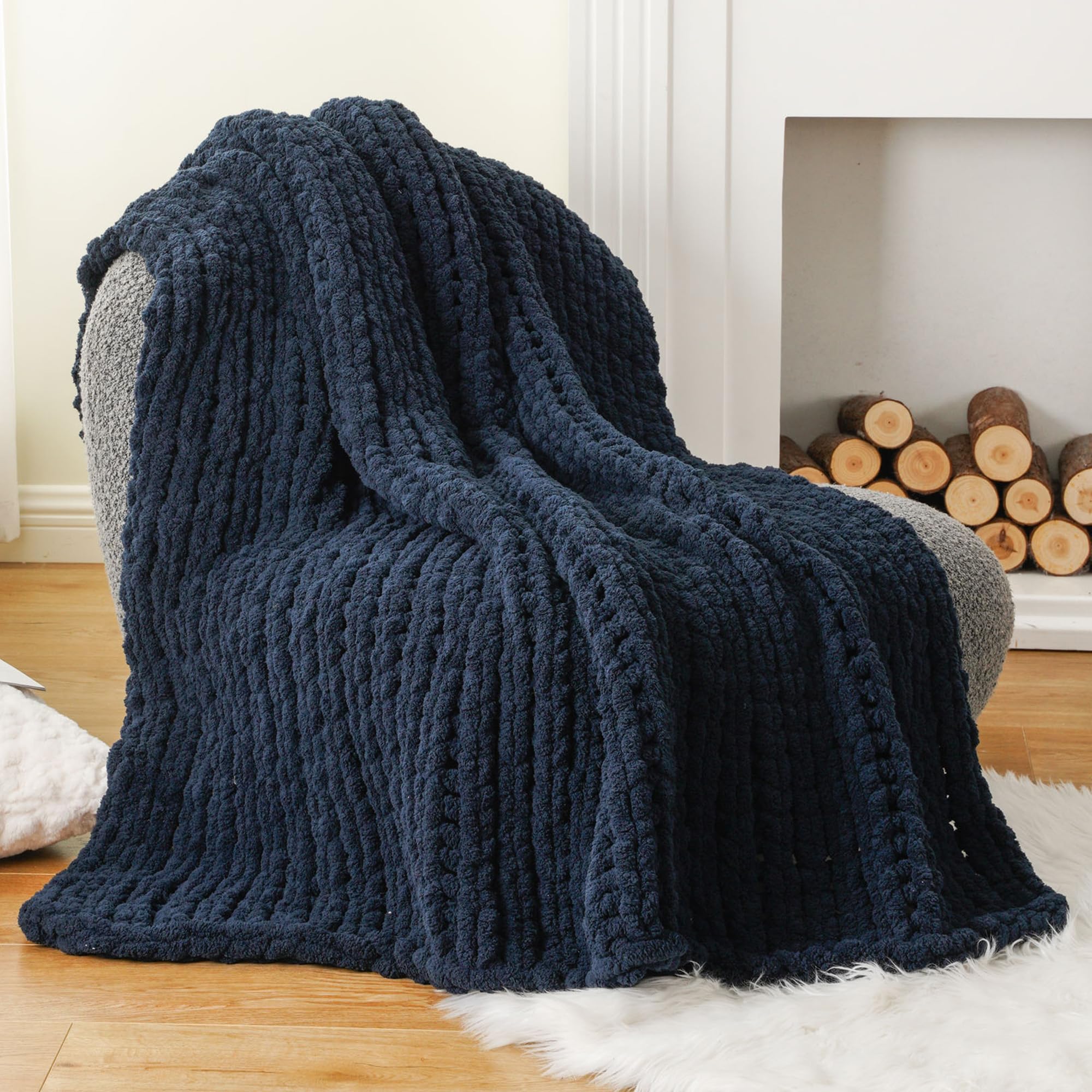 Battilo Chunky Knit Throw Blanket for Couch, Soft and Thick Chenille Throw Blanket, 50"x60" Handmade Cable Knit Crochet Blanket, Bluish Grey Knot Knitted Throw Blankets for Home Decor, Bluish Grey