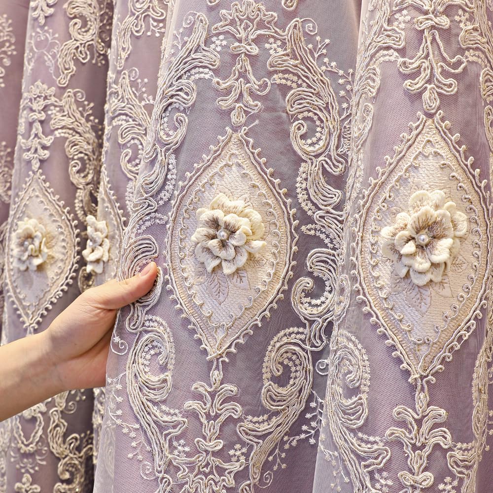 European Luxury 3D Relief Embroidery Curtains - Double-Layer Blackout Drapes, Flower Embroidered Sheer Yarn, for Living Room & Bedroom (1 Pair, Pink, W51 L84 inch)