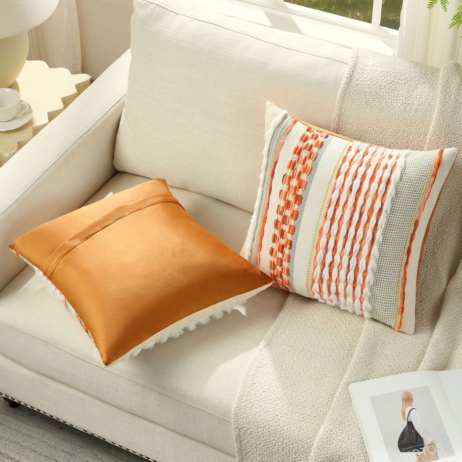 FUTEI Pack of 2 Boho Chenille Decorative Throw Pillow Covers 18x18 Inch Soft Plush Tufted Striped Textured Cushion Case,Farmhouse Accent for Couch Bed Living Room, Orange