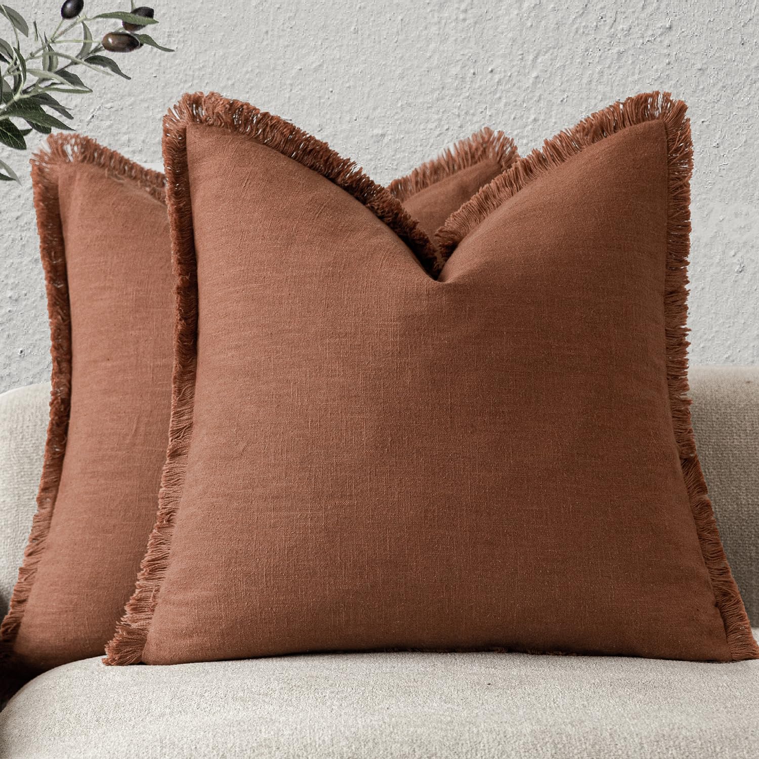 Foindtower Set of 2 Decorative Linen Fringe Throw Pillow Covers Boho Farmhouse Cushion Cover with Tassels Soft Accent Pillowcase for Couch Chair Sofa Bed Living Room Home Decor,20×20 Inch,Sky Blue