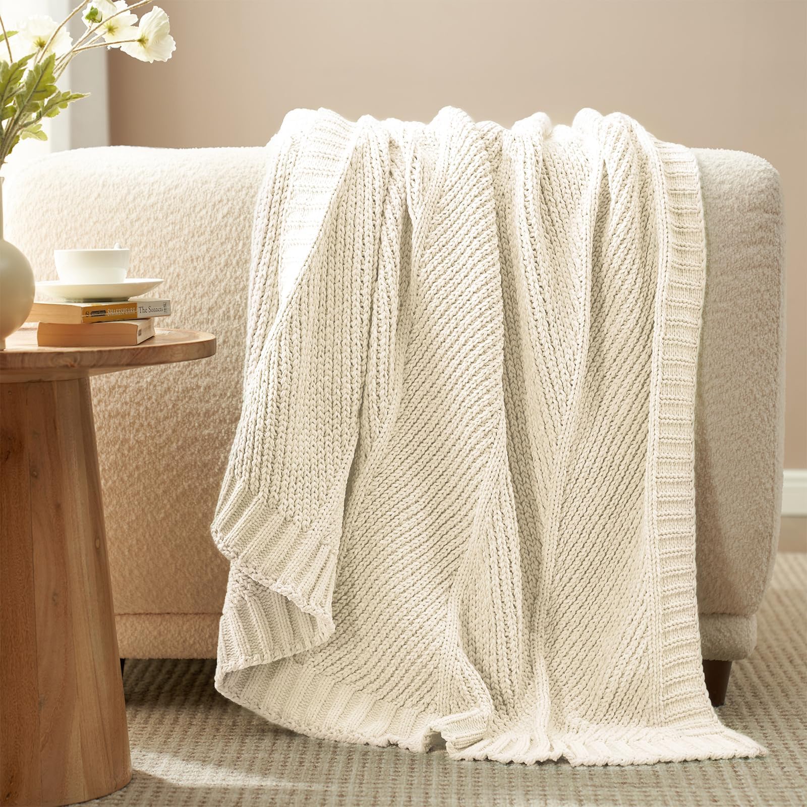 Sage Green Chunky Chenille Knit Throw Blanket 50x60 Inch Checkered Decor Blanket for Couch Bed