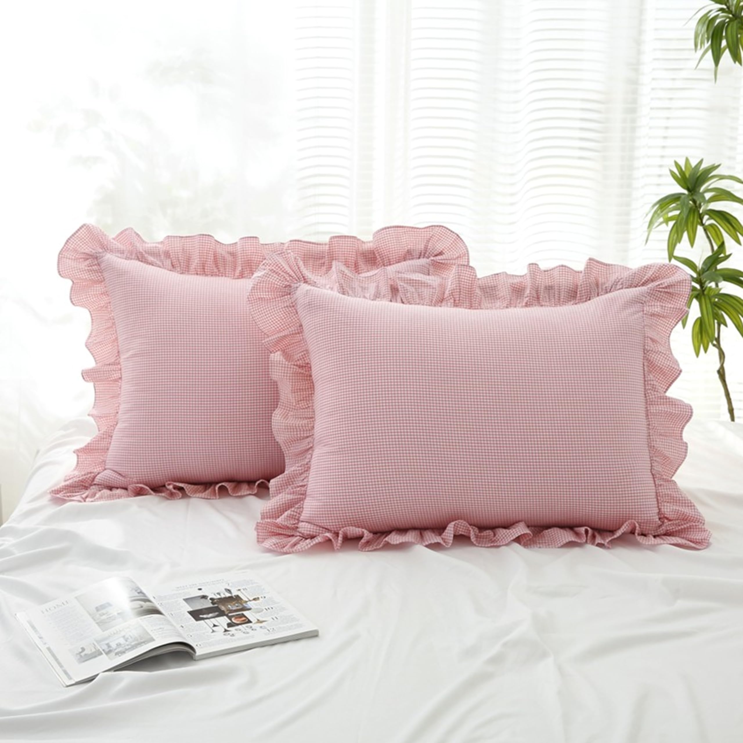 18x18 Taupe White Checkered Cotton Pillow Covers Ruffle Trim Zipper Decor Cushion Cases Set of 2