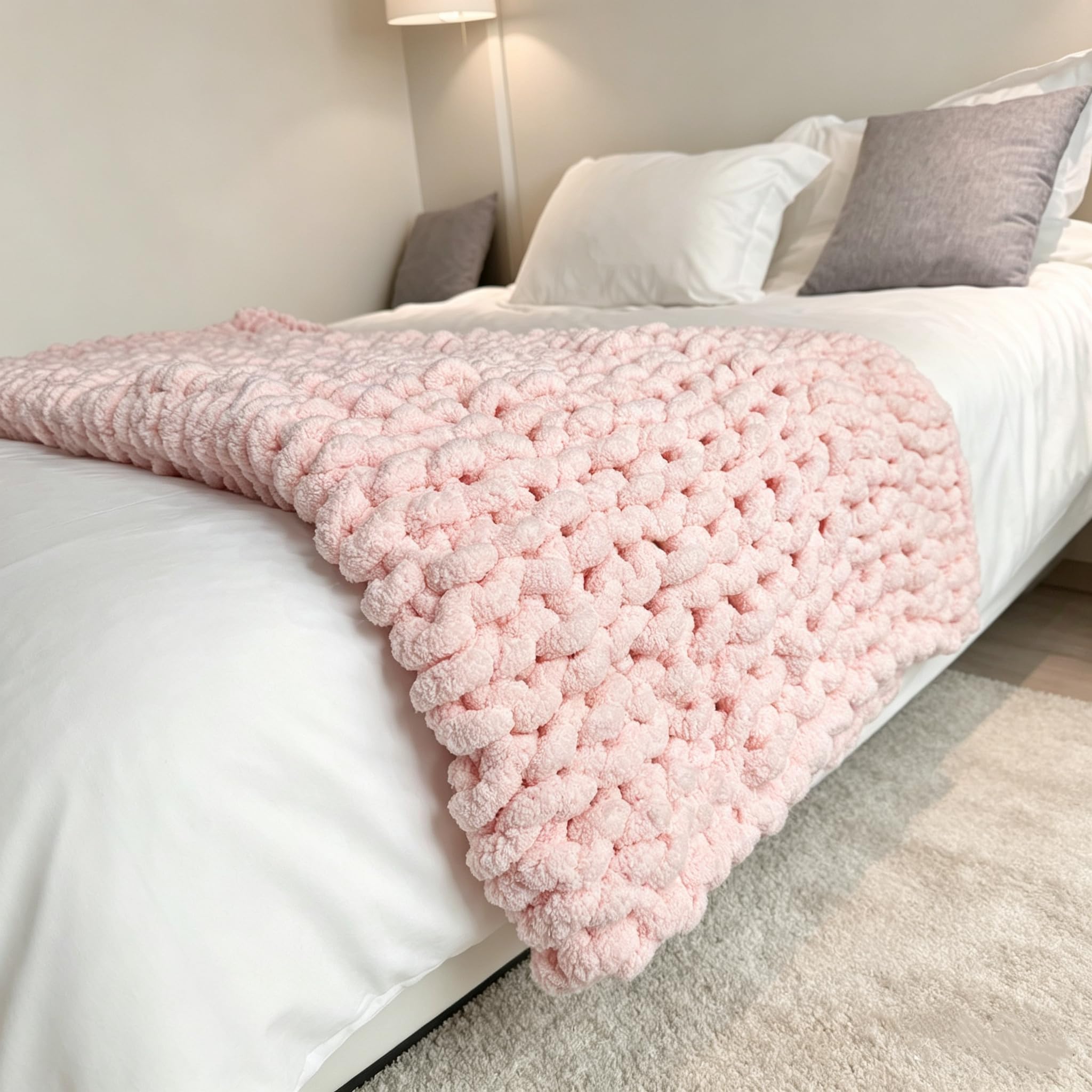 Chunky Knit Throw Blanket 48"*71", Hand Knitted Warm Chenille Blanket, Soft Thick Large Rope Knot Cable Crochet Blankets for Couch Bed Sofa, Ideal (Light Brown)