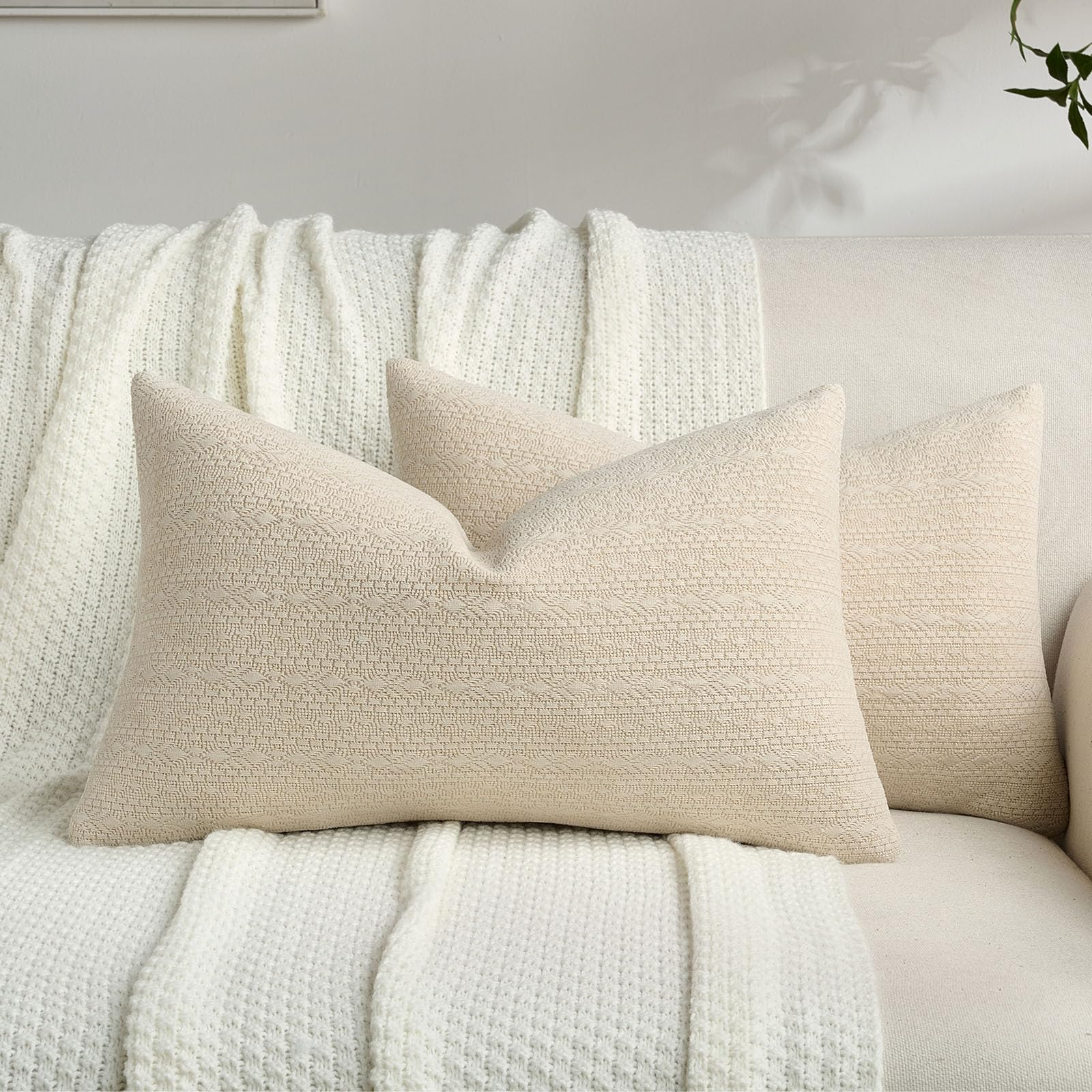 FUTEI Pack of 2 Solid Chenille Throw Pillow Covers 18x18 Inch Soft Farmhouse Decorative Accent Cushion Cases Modern Home Decor for Couch Living Room, Cream