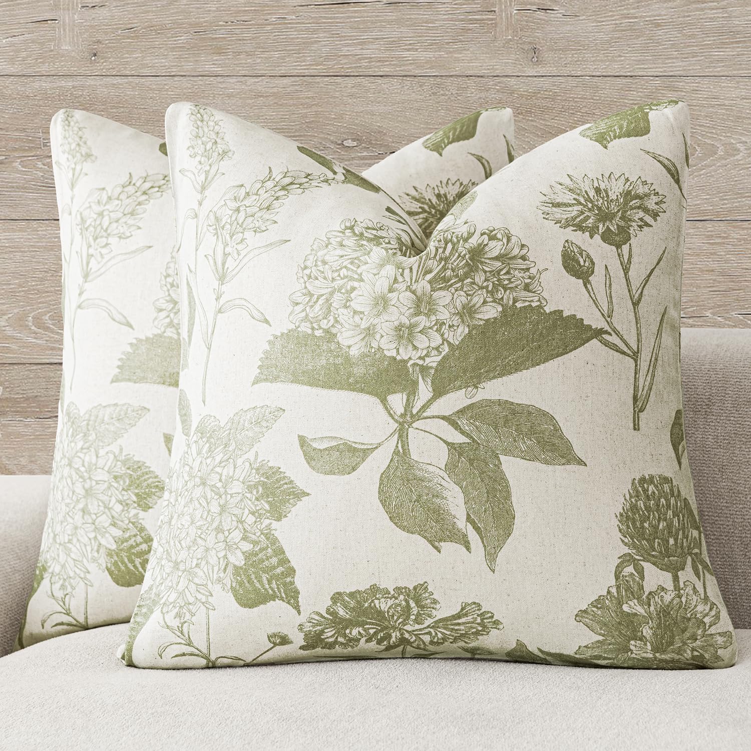 Foindtower Set of 2 Linen Floral Throw Pillow Covers Neutral Vintage Print Decorative Cushion Covers Farmhouse Boho Home Decor for Sofa Chair Couch Bedroom Living Room,22×22 Inch,Sage Green
