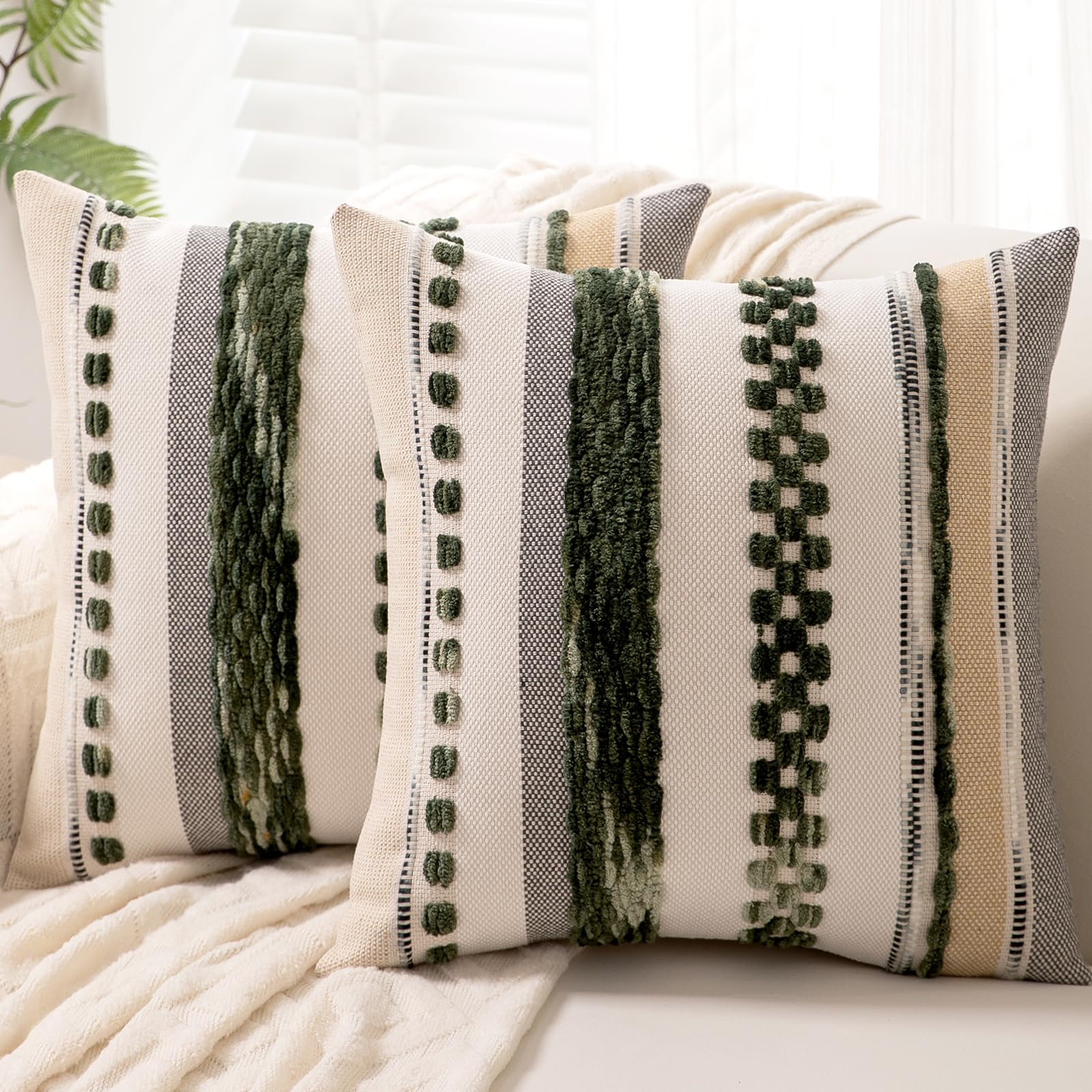 Boho Throw Pillow Covers 18x18 Set of 2 Farmhouse Decorative Cushion Case Striped Square Pillows Cover Chenille Pillow Cases Accent Neutral Pillowcase for Sofa Couch Bed,Yellow