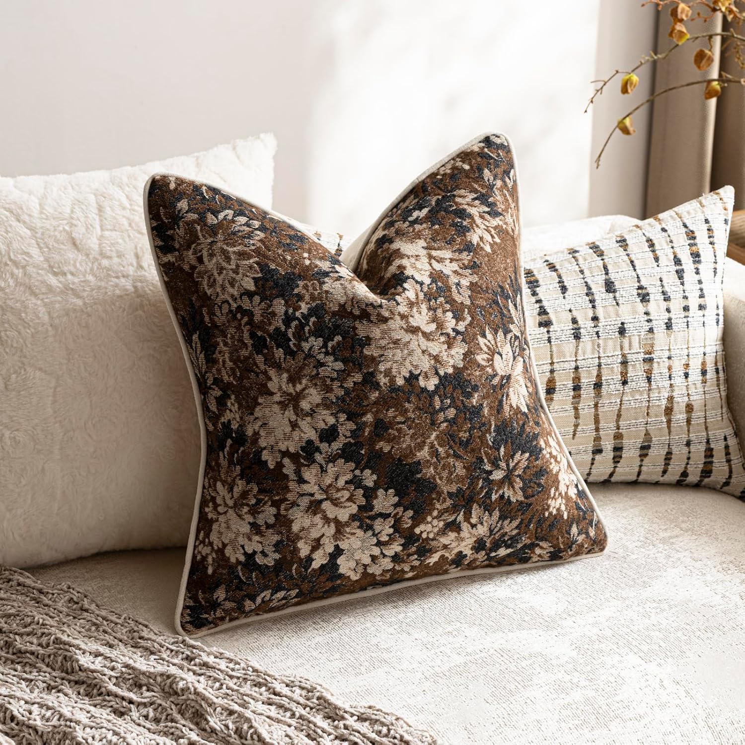DEZENE Pack of 2 Vintage Floral Throw Pillow Covers 20x20 Boho Farmhouse Accents Chenille Square Decorative Pillow Cases for Living Room Couch Bed Home Decor, Dark Brown