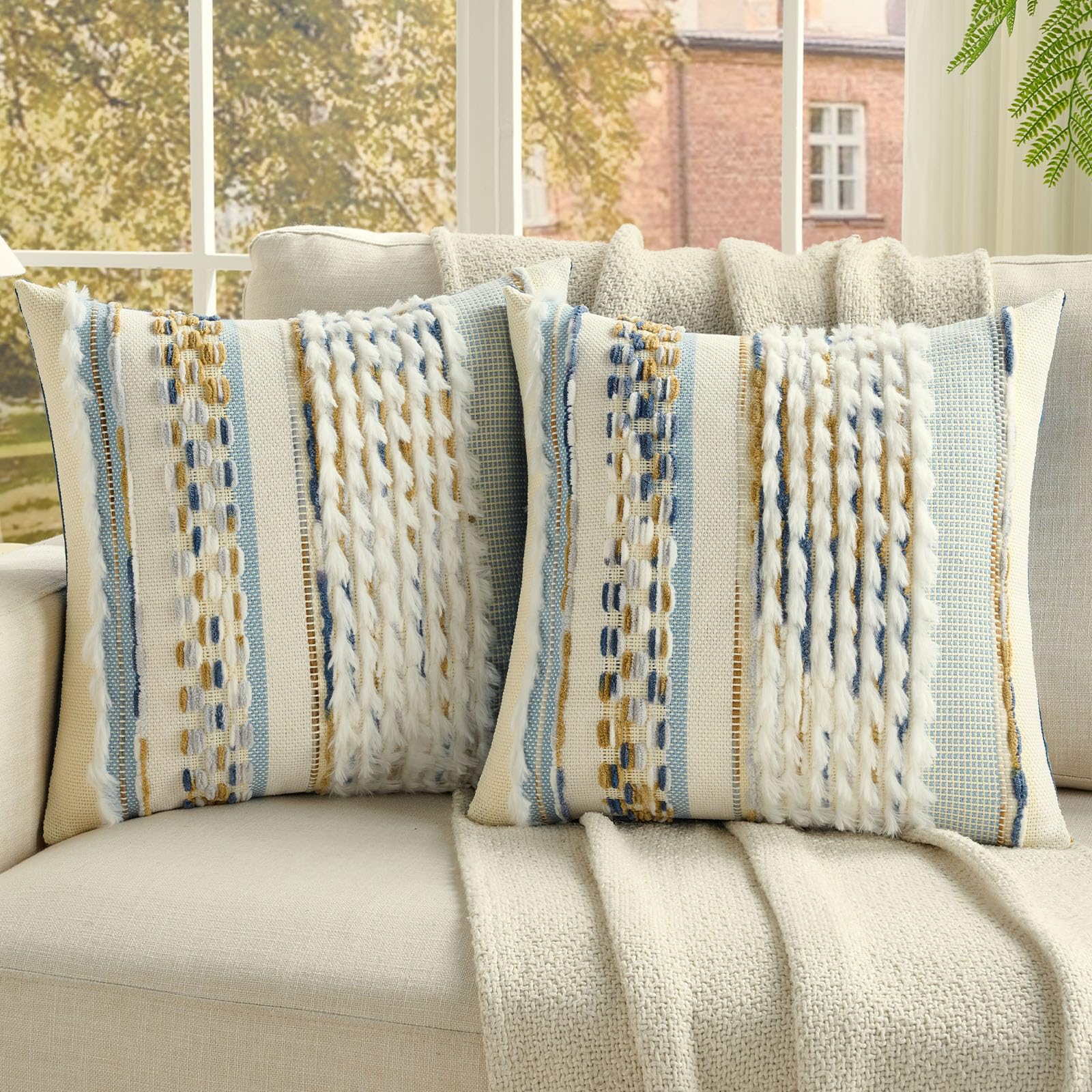 FUTEI Pack of 2 Boho Chenille Decorative Throw Pillow Covers 18x18 Inch Soft Plush Tufted Striped Textured Cushion Case,Farmhouse Accent for Couch Bed Living Room, Orange