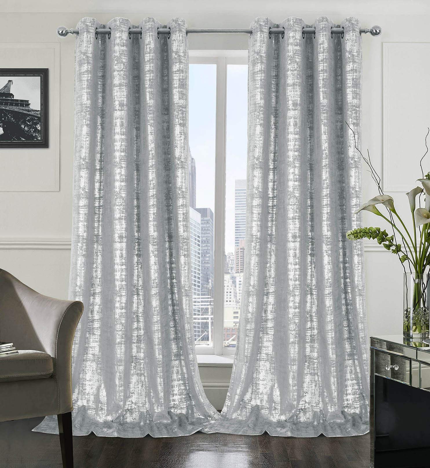 Mocha Velvet 108" Long Curtains with Gold Foil Print Set of 2 Luxury Window Treatments