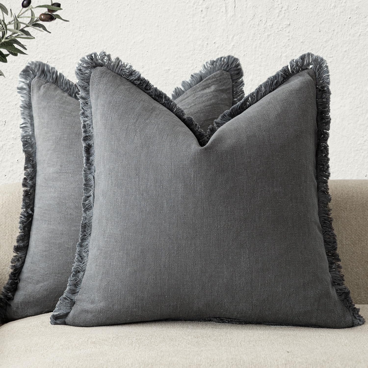 Foindtower Set of 2 Decorative Linen Fringe Throw Pillow Covers Boho Farmhouse Cushion Cover with Tassels Soft Accent Pillowcase for Couch Chair Sofa Bed Living Room Home Decor,20×20 Inch,Sky Blue