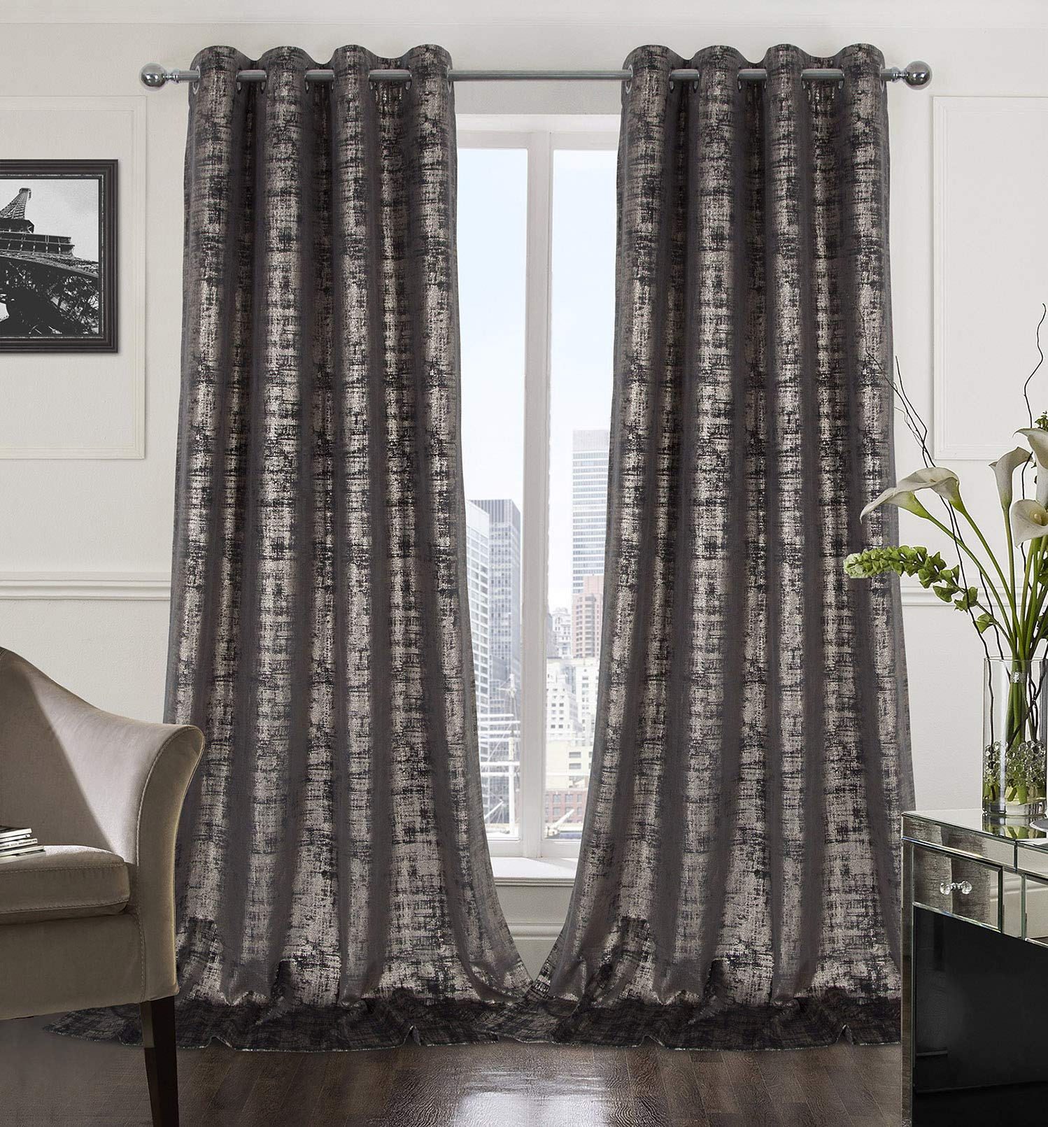 Mocha Velvet 108" Long Curtains with Gold Foil Print Set of 2 Luxury Window Treatments