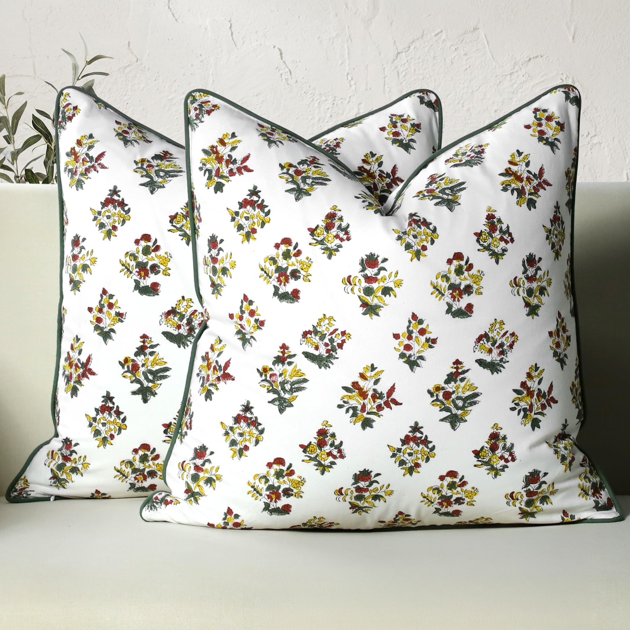 CPC 100% Cotton Throw Pillow Covers 24x24 Inch, Set of 2 Green Block Print Pattern Couch Pillow, Cute Boho Decorative Pillows for Living Room, Bedroom with Hidden Zipper- Emerald Green