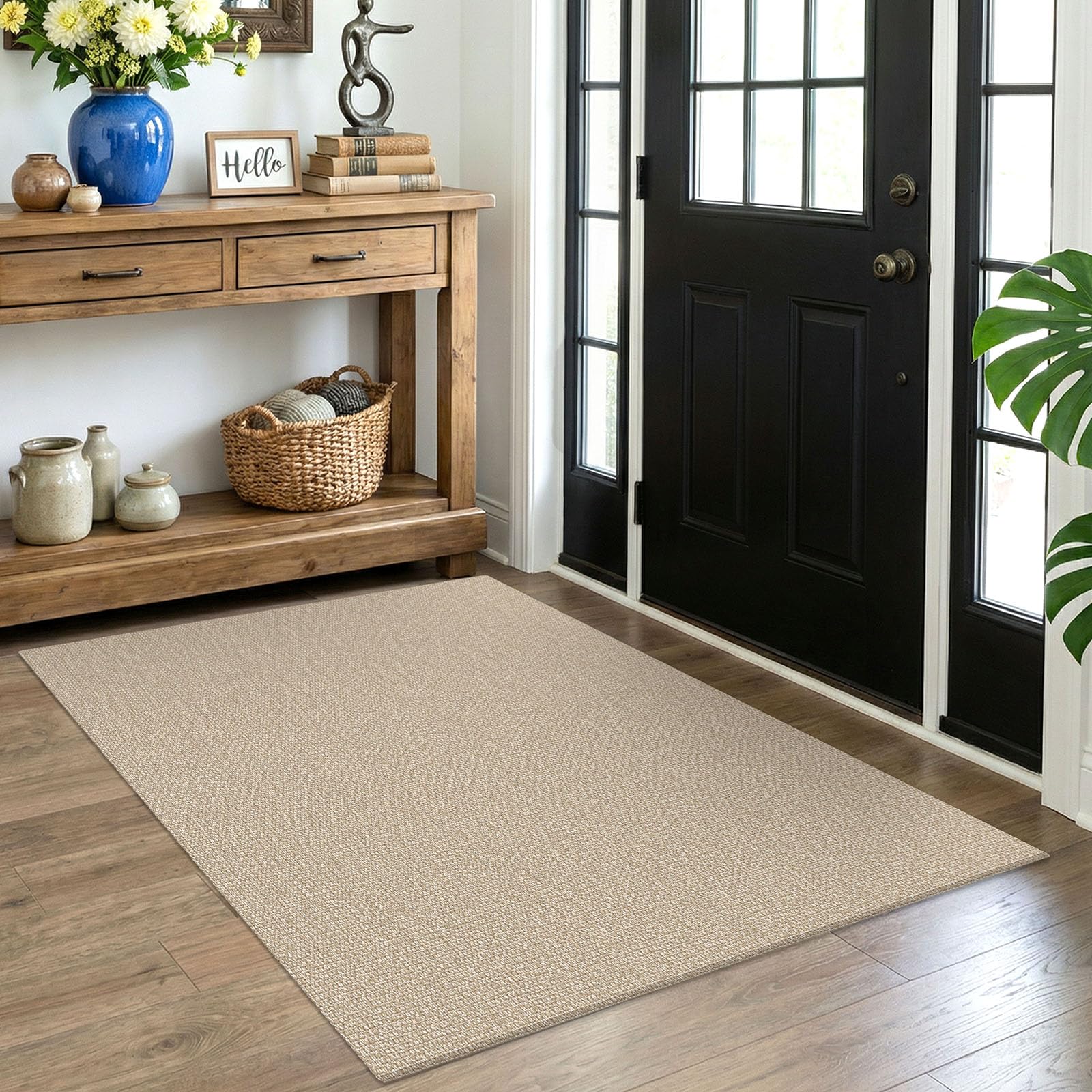 EARTHALL Washable Area Rug 4x6 Ft Non Slip Rugs for Entryway Braided Rubber Backed Bedroom Carpet Cotton Entry Rug Woven Floor Carpets for Bedroom Dining Room Living Room, Send/Beige