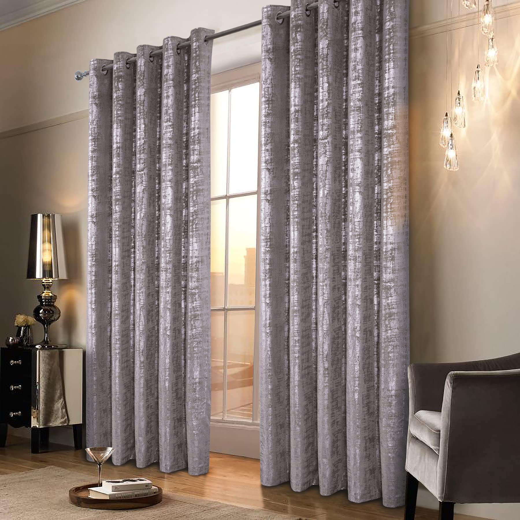 Mocha Velvet 108" Long Curtains with Gold Foil Print Set of 2 Luxury Window Treatments