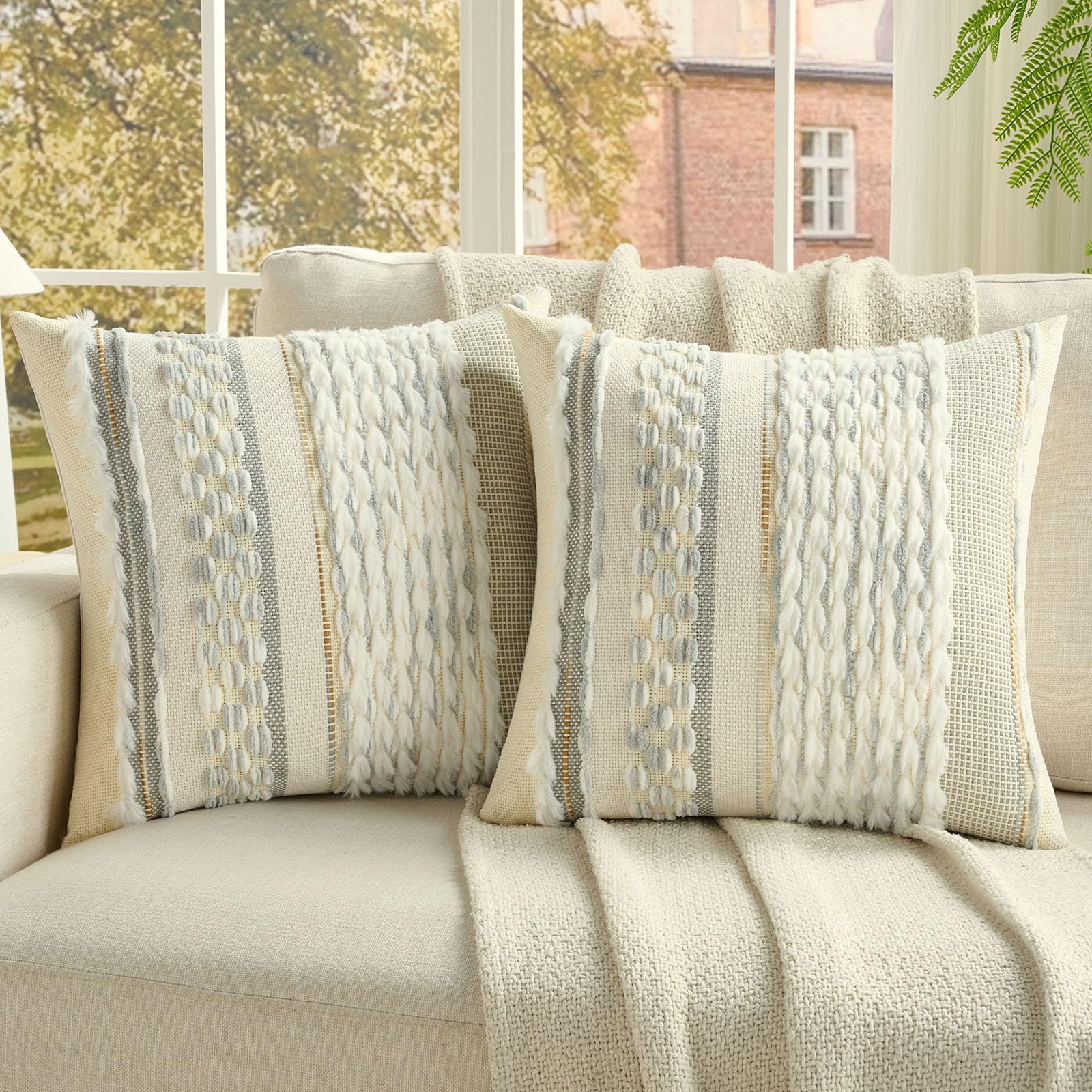FUTEI Pack of 2 Boho Chenille Decorative Throw Pillow Covers 18x18 Inch Soft Plush Tufted Striped Textured Cushion Case,Farmhouse Accent for Couch Bed Living Room, Orange