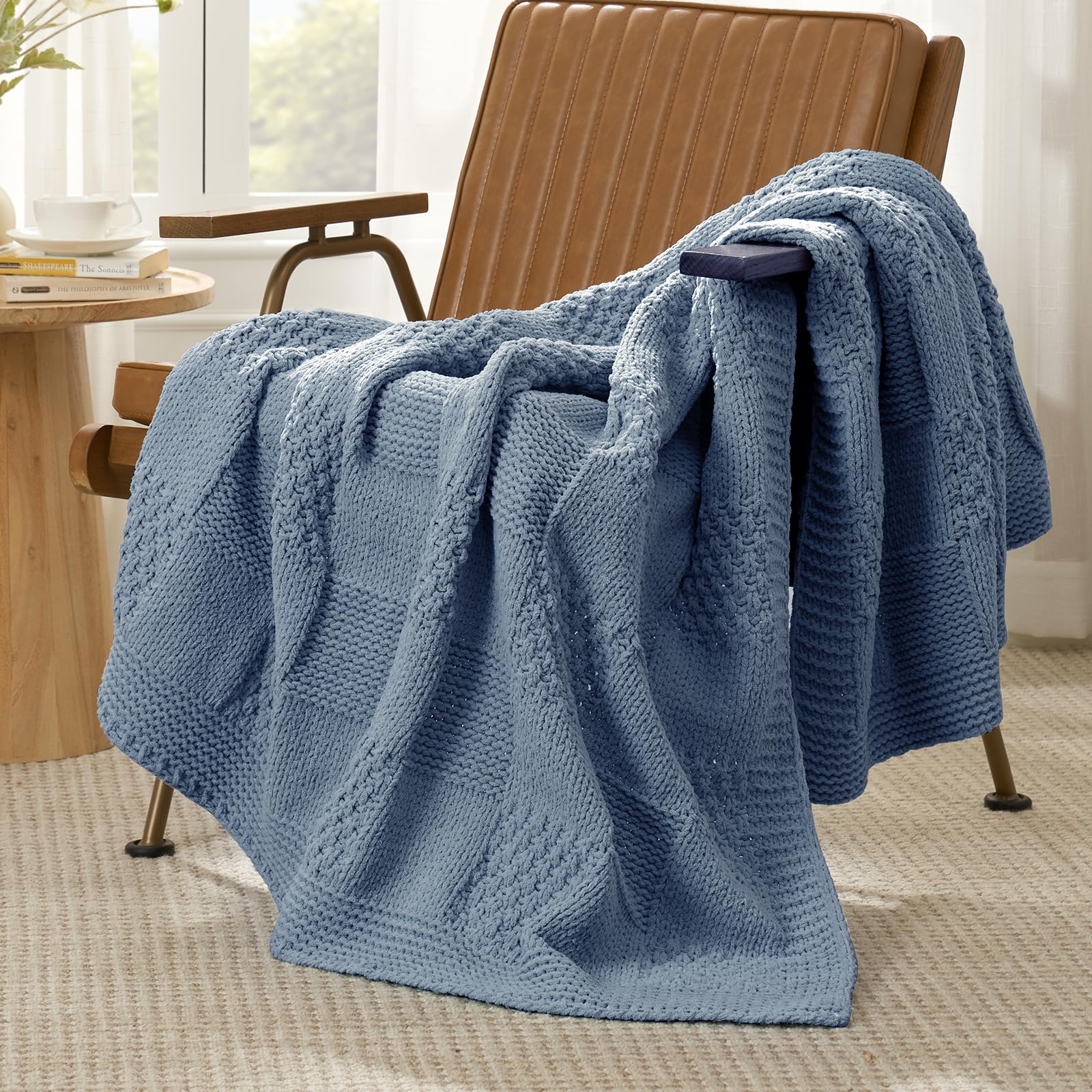 Sage Green Chunky Chenille Knit Throw Blanket 50x60 Inch Checkered Decor Blanket for Couch Bed