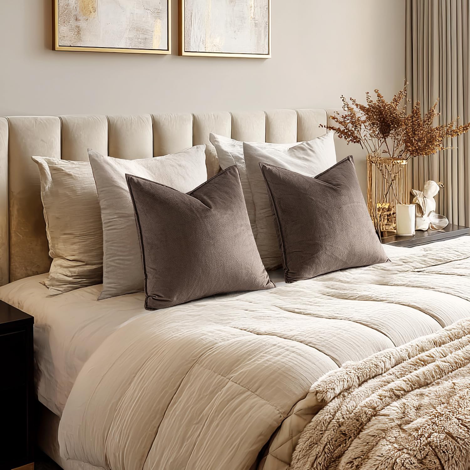 MIULEE Dark Coffee Velvet Throw Pillow Covers 22x22 Taupe Neutral Soft Decorative Solid Square Cushion Cases Pack of 2 Modern Luxury Home Decor for Couch, Sofa, Bedroom