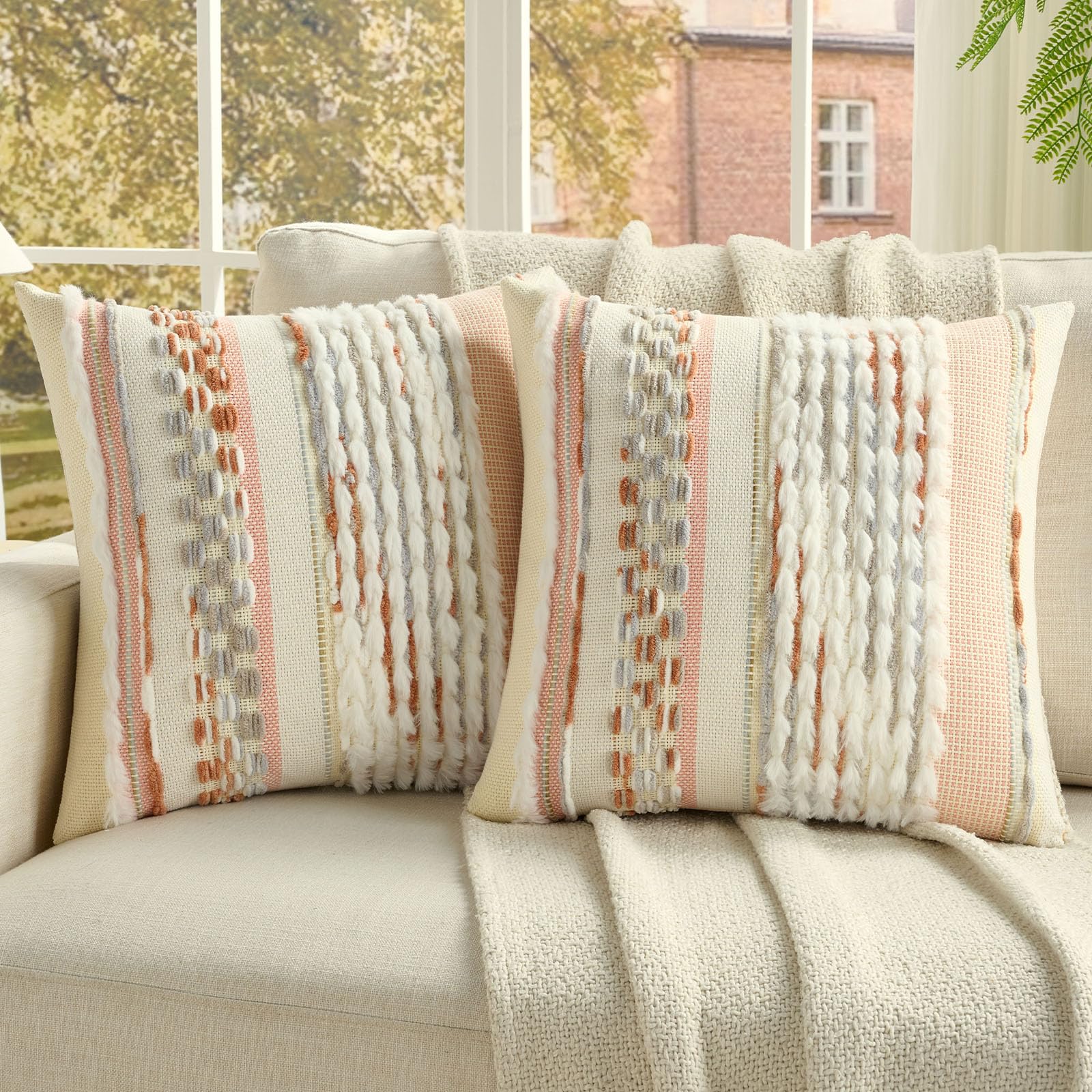 FUTEI Pack of 2 Boho Chenille Decorative Throw Pillow Covers 18x18 Inch Soft Plush Tufted Striped Textured Cushion Case,Farmhouse Accent for Couch Bed Living Room, Orange