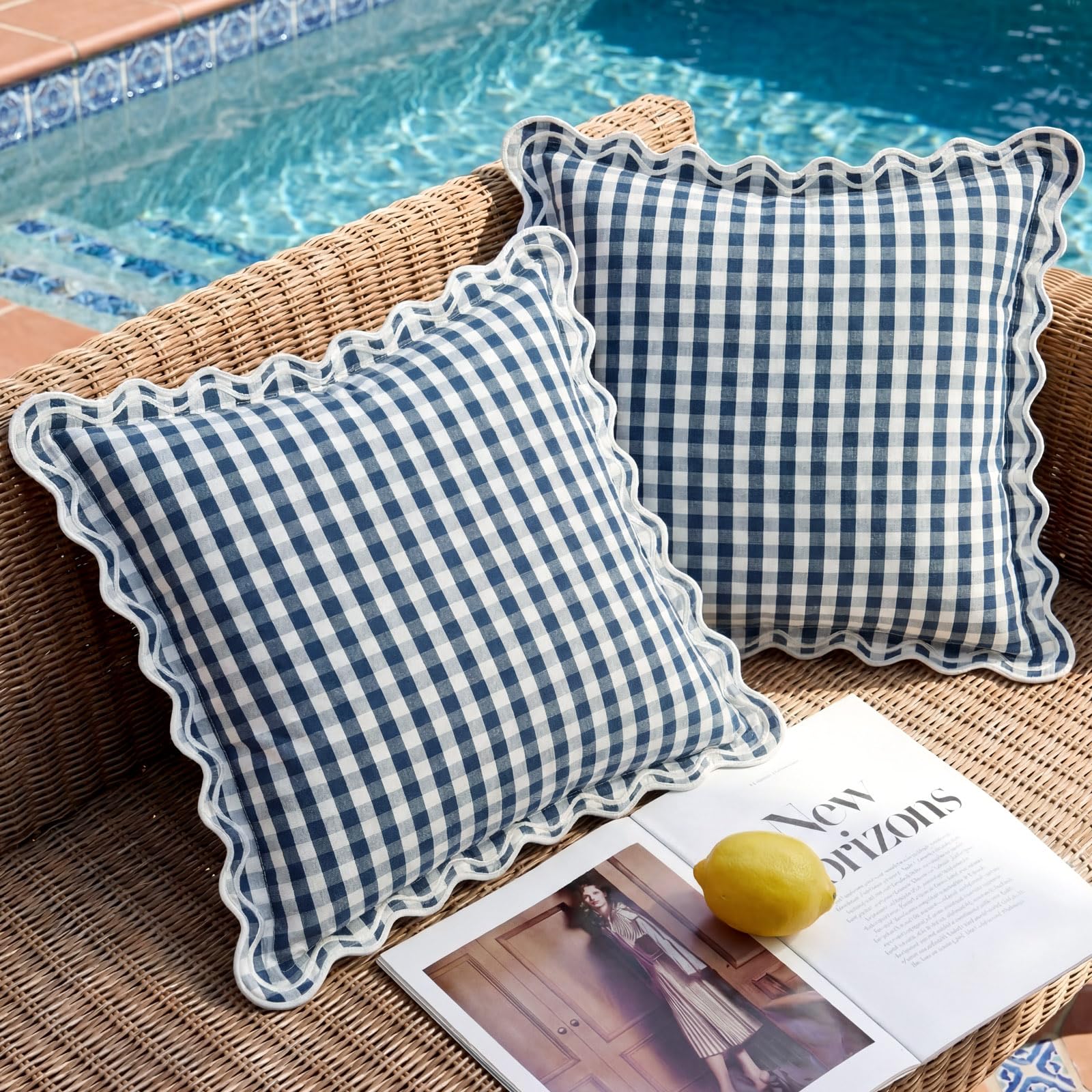 12x20 Navy Blue Gingham Plaid Scalloped Outdoor Lumbar Pillows Waterproof & Fade-Resistant Set of 2, Coastal Checkered Embroidered Ruffle Pillow Covers Decorative for Patio Furniture, Beach Decor