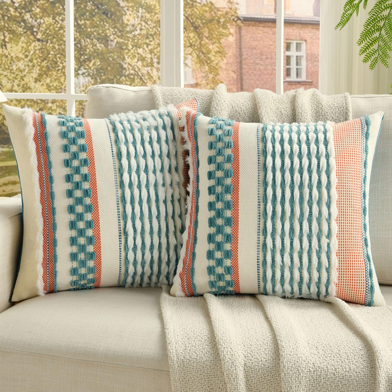 FUTEI Pack of 2 Boho Chenille Decorative Throw Pillow Covers 18x18 Inch Soft Plush Tufted Striped Textured Cushion Case,Farmhouse Accent for Couch Bed Living Room, Orange