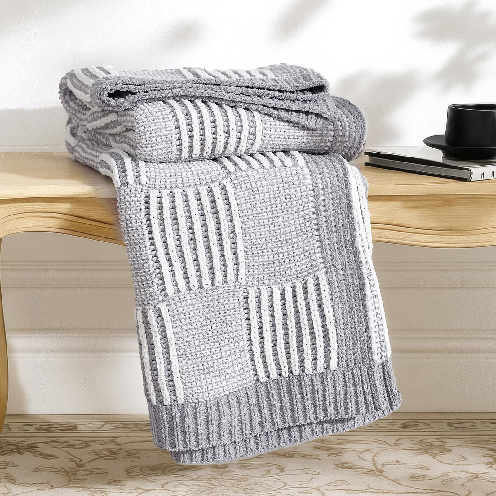 Sage Green Chunky Chenille Knit Throw Blanket 50x60 Inch Checkered Decor Blanket for Couch Bed
