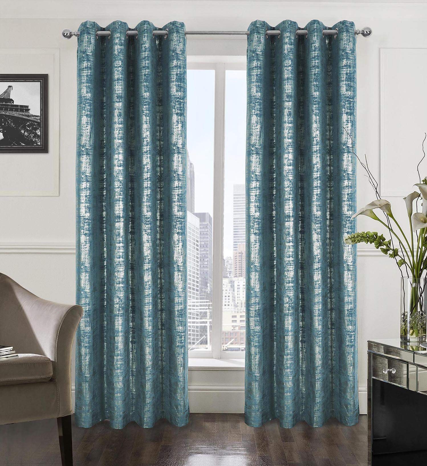 Mocha Velvet 108" Long Curtains with Gold Foil Print Set of 2 Luxury Window Treatments