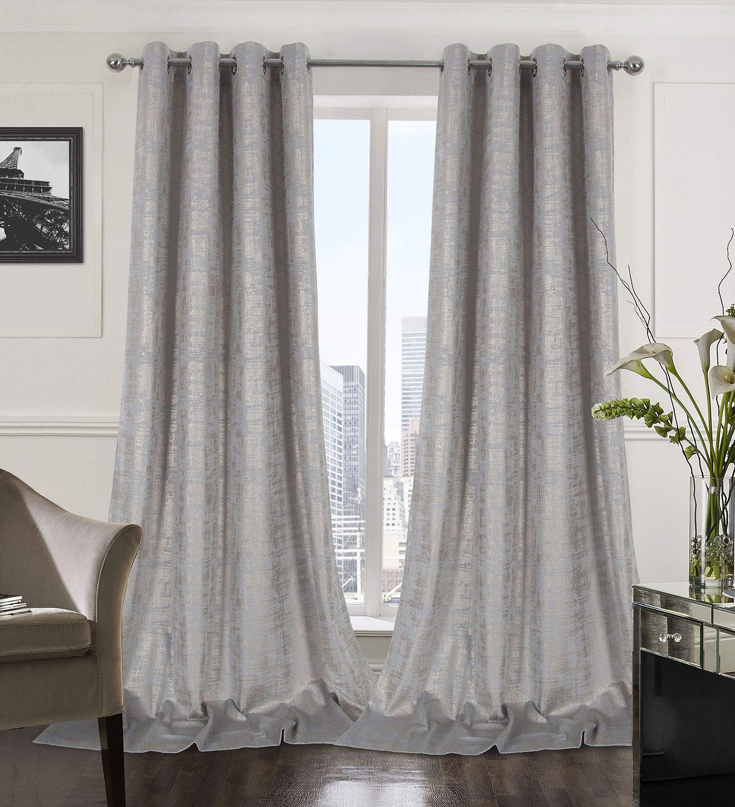Mocha Velvet 108" Long Curtains with Gold Foil Print Set of 2 Luxury Window Treatments
