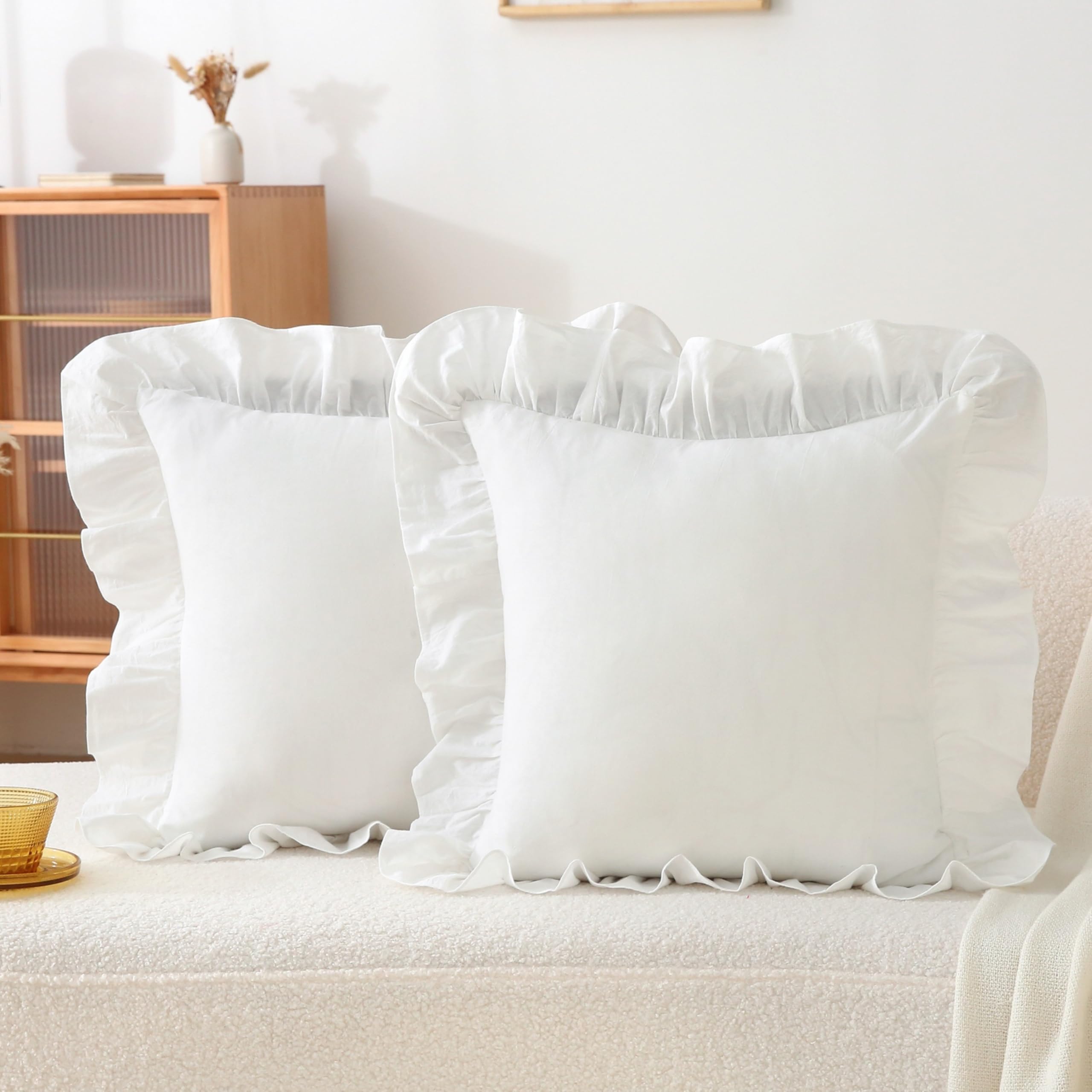 18x18 Taupe White Checkered Cotton Pillow Covers Ruffle Trim Zipper Decor Cushion Cases Set of 2