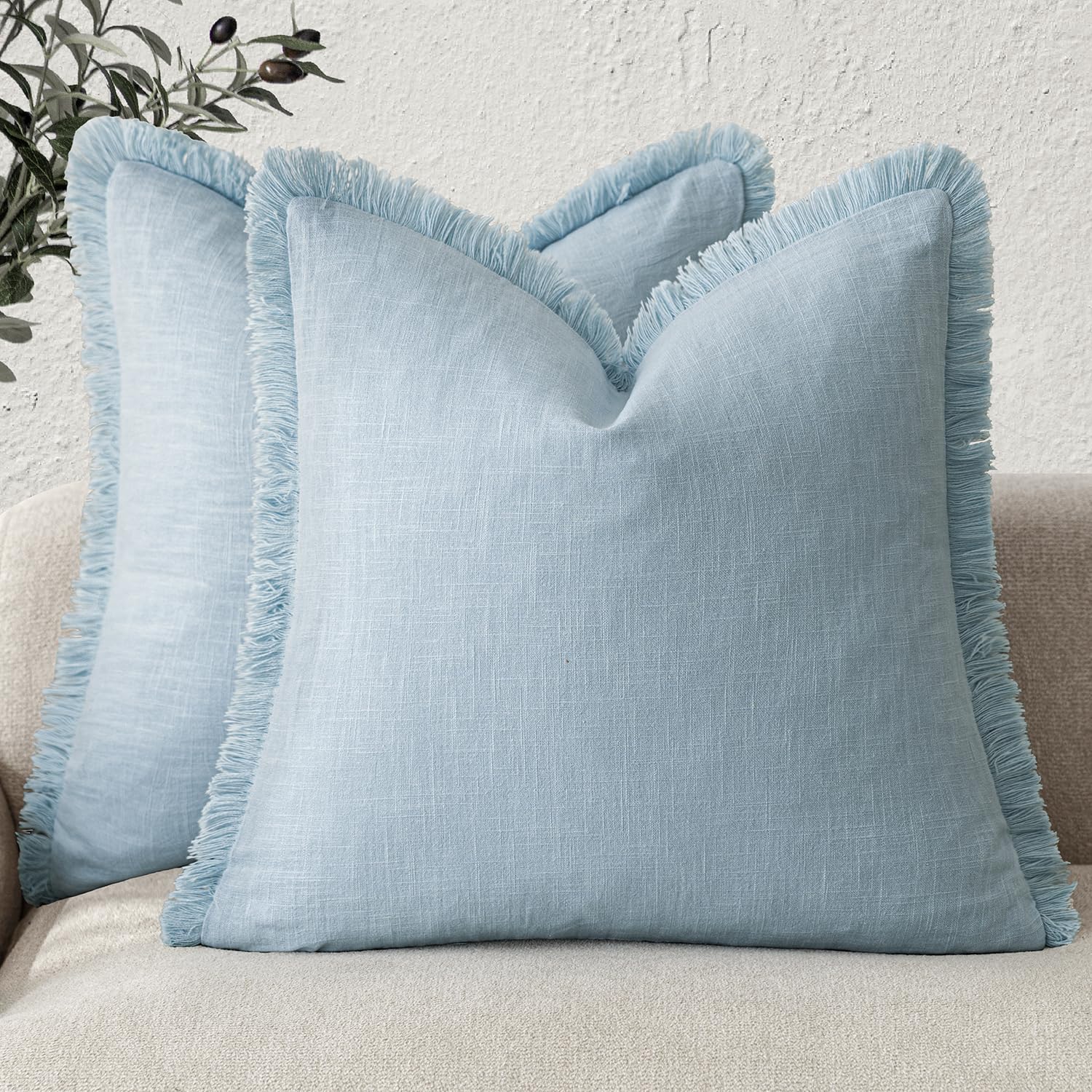 Foindtower Set of 2 Decorative Linen Fringe Throw Pillow Covers Boho Farmhouse Cushion Cover with Tassels Soft Accent Pillowcase for Couch Chair Sofa Bed Living Room Home Decor,20×20 Inch,Sky Blue