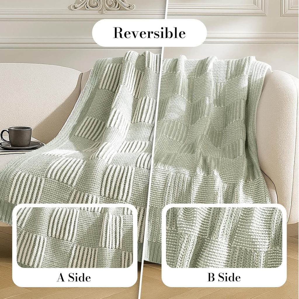 Sage Green Chunky Chenille Knit Throw Blanket 50x60 Inch Checkered Decor Blanket for Couch Bed