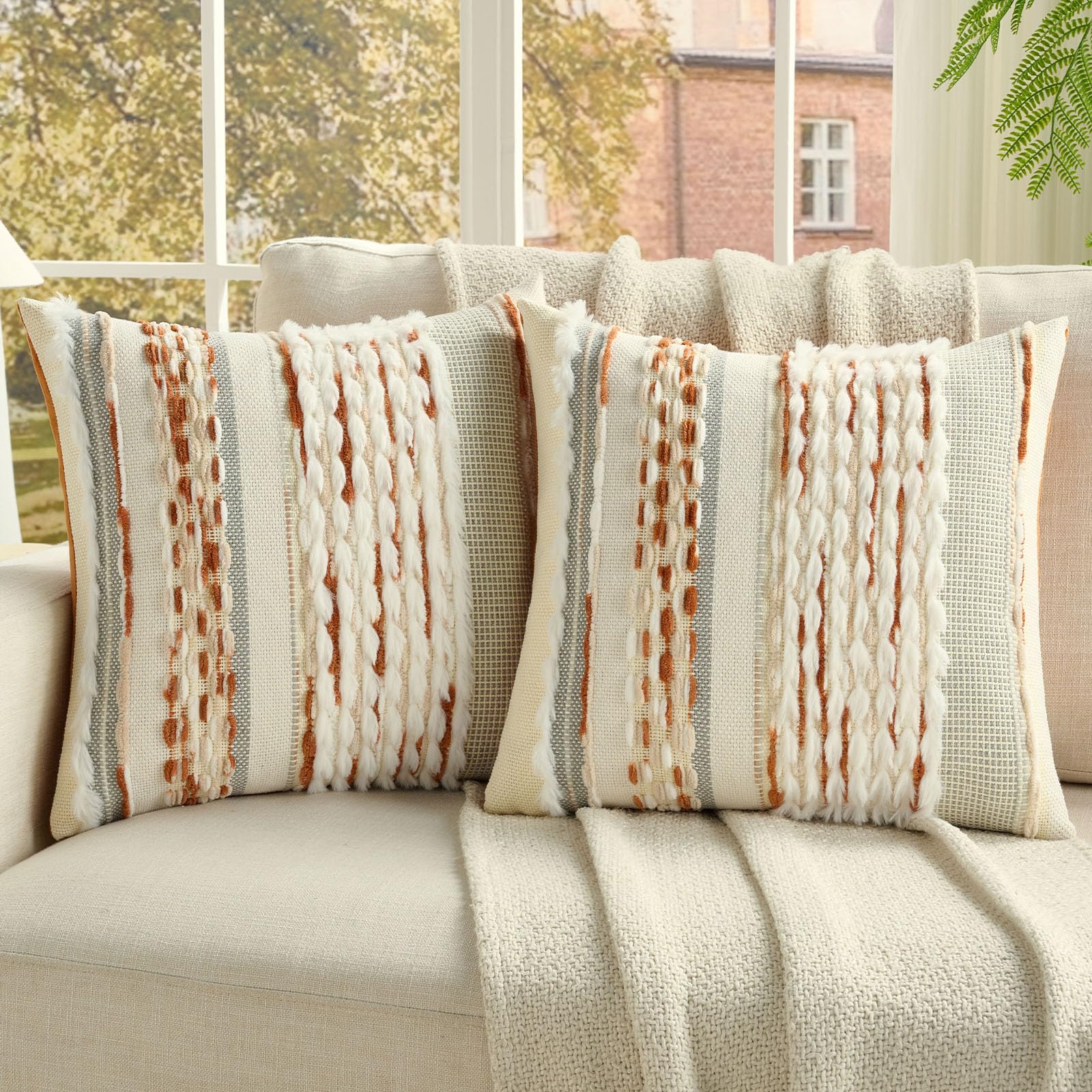 FUTEI Pack of 2 Boho Chenille Decorative Throw Pillow Covers 18x18 Inch Soft Plush Tufted Striped Textured Cushion Case,Farmhouse Accent for Couch Bed Living Room, Orange