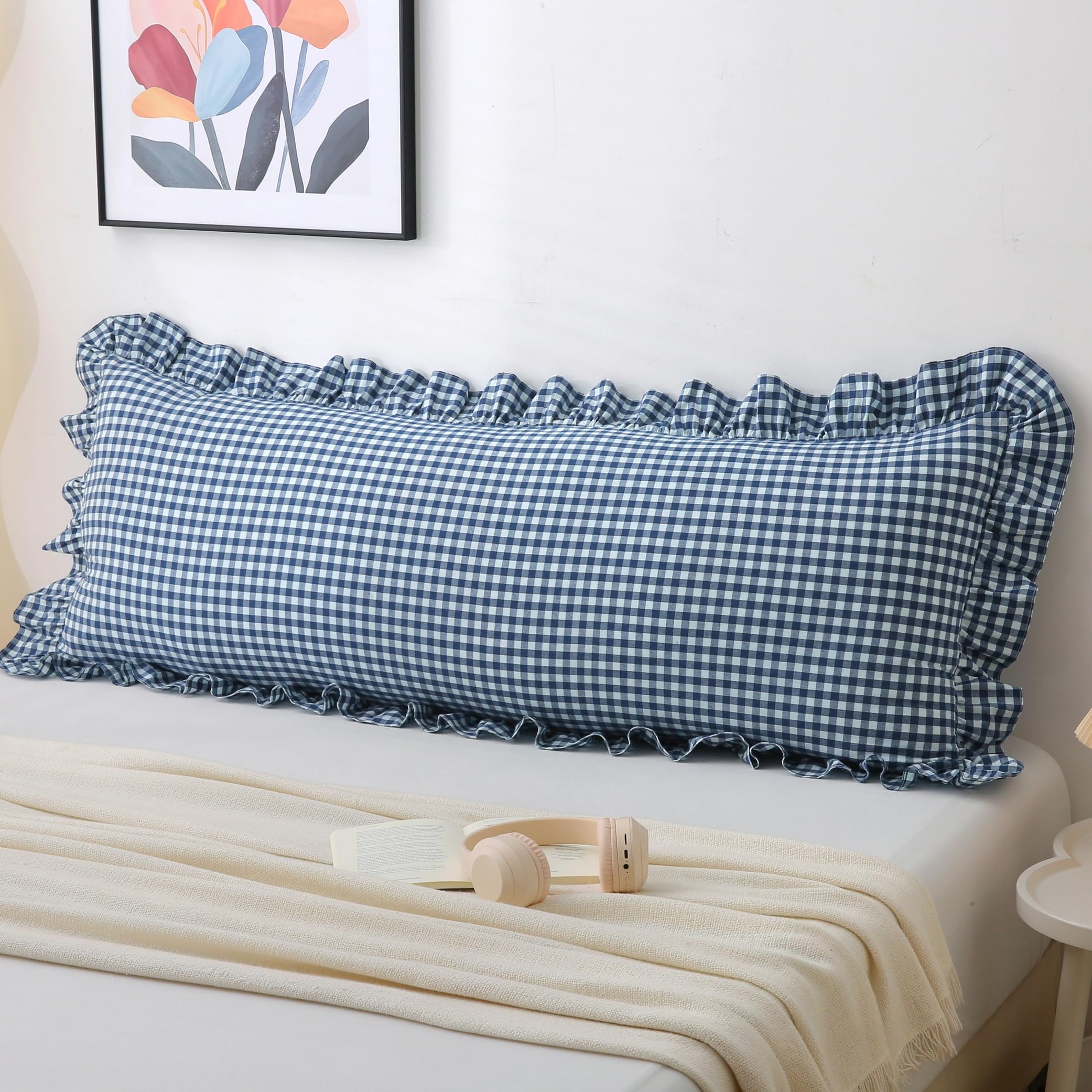 18x18 Taupe White Checkered Cotton Pillow Covers Ruffle Trim Zipper Decor Cushion Cases Set of 2