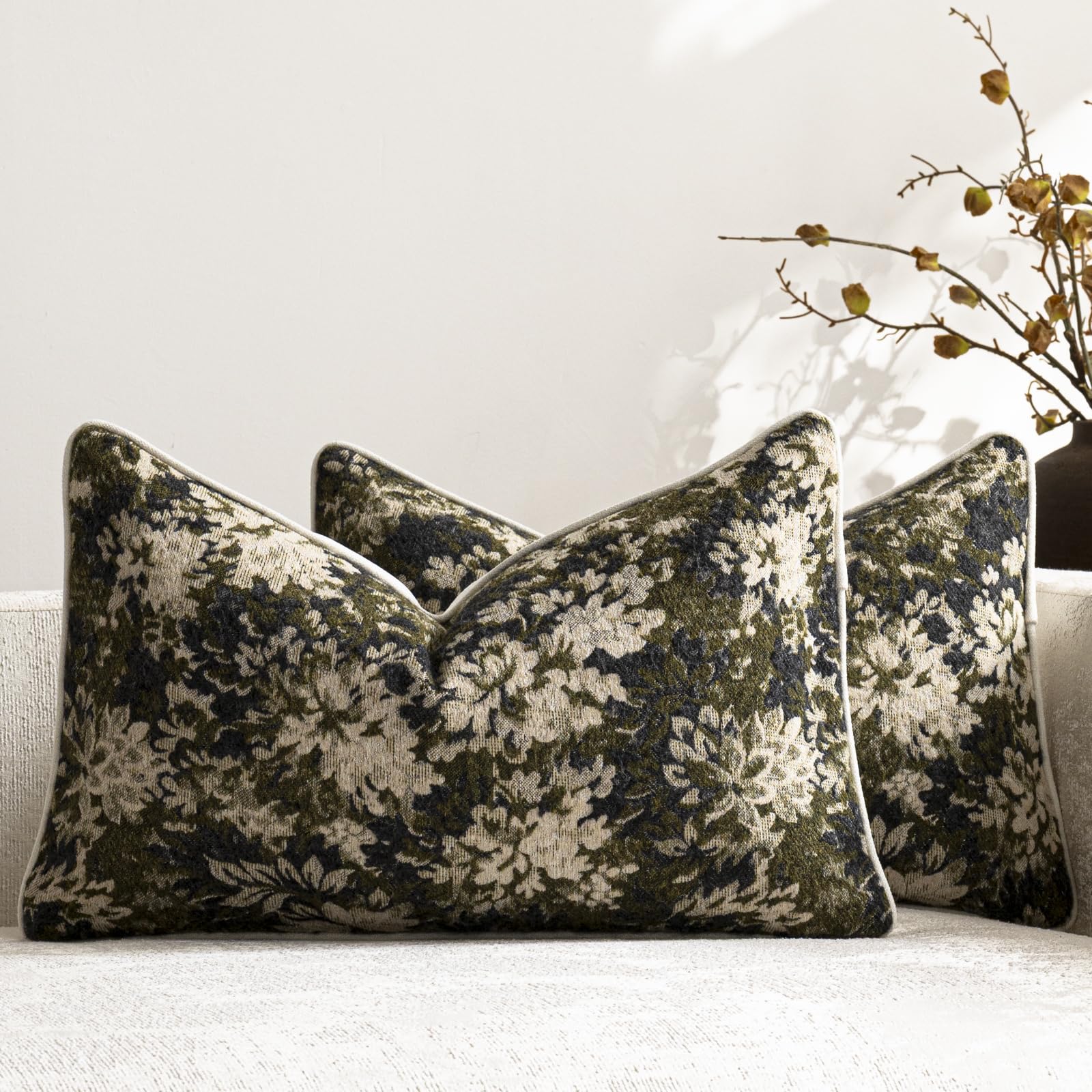DEZENE Pack of 2 Vintage Floral Throw Pillow Covers 20x20 Boho Farmhouse Accents Chenille Square Decorative Pillow Cases for Living Room Couch Bed Home Decor, Dark Brown