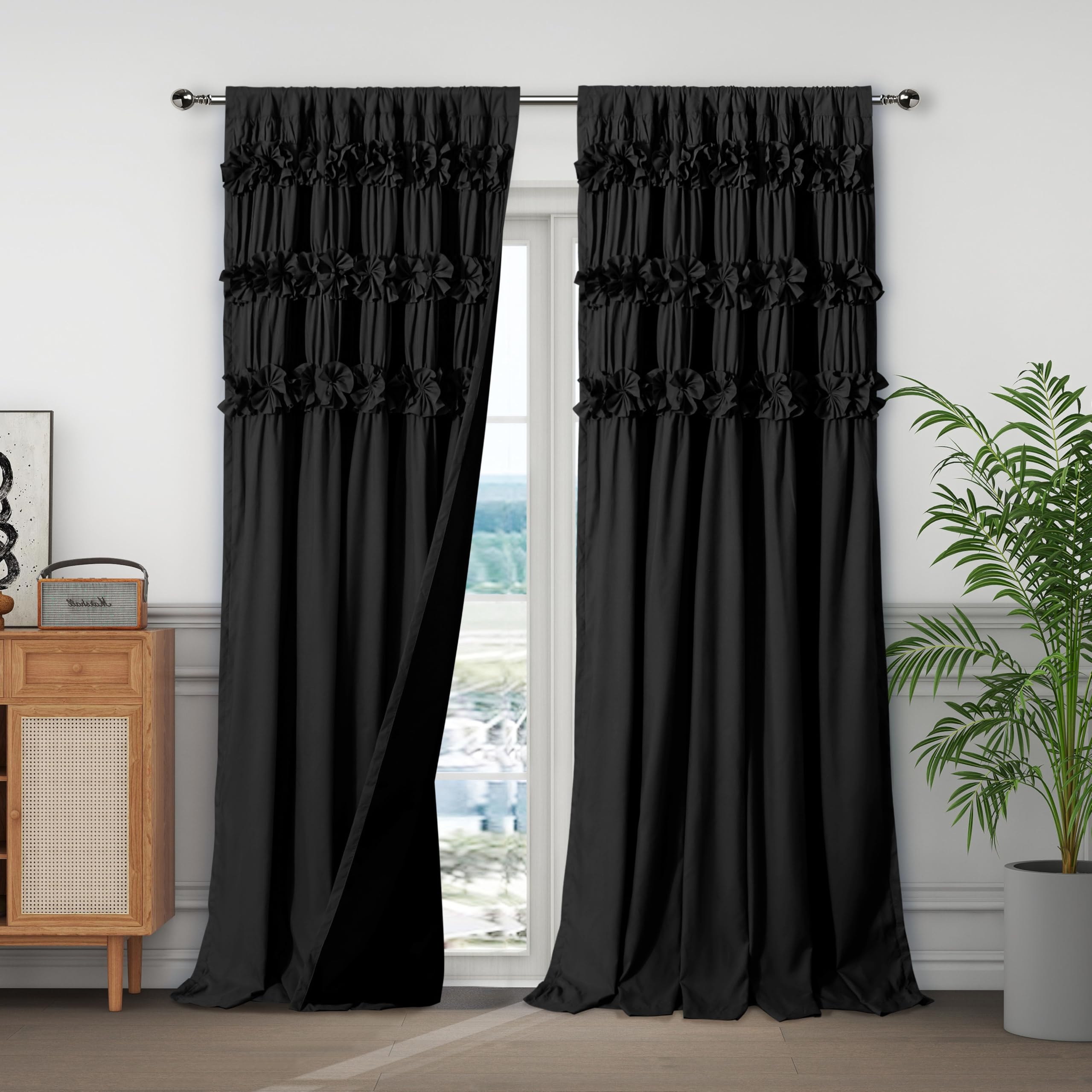 Homechoice Decor Camel Blackout Curtains with Handmade Ruffles, Butterfly Flower Embellishments for Thermal Insulated Room Darkening Drapes, 42" W x 63" L (Pair) for Bedroom, Living Room (LQ-37)