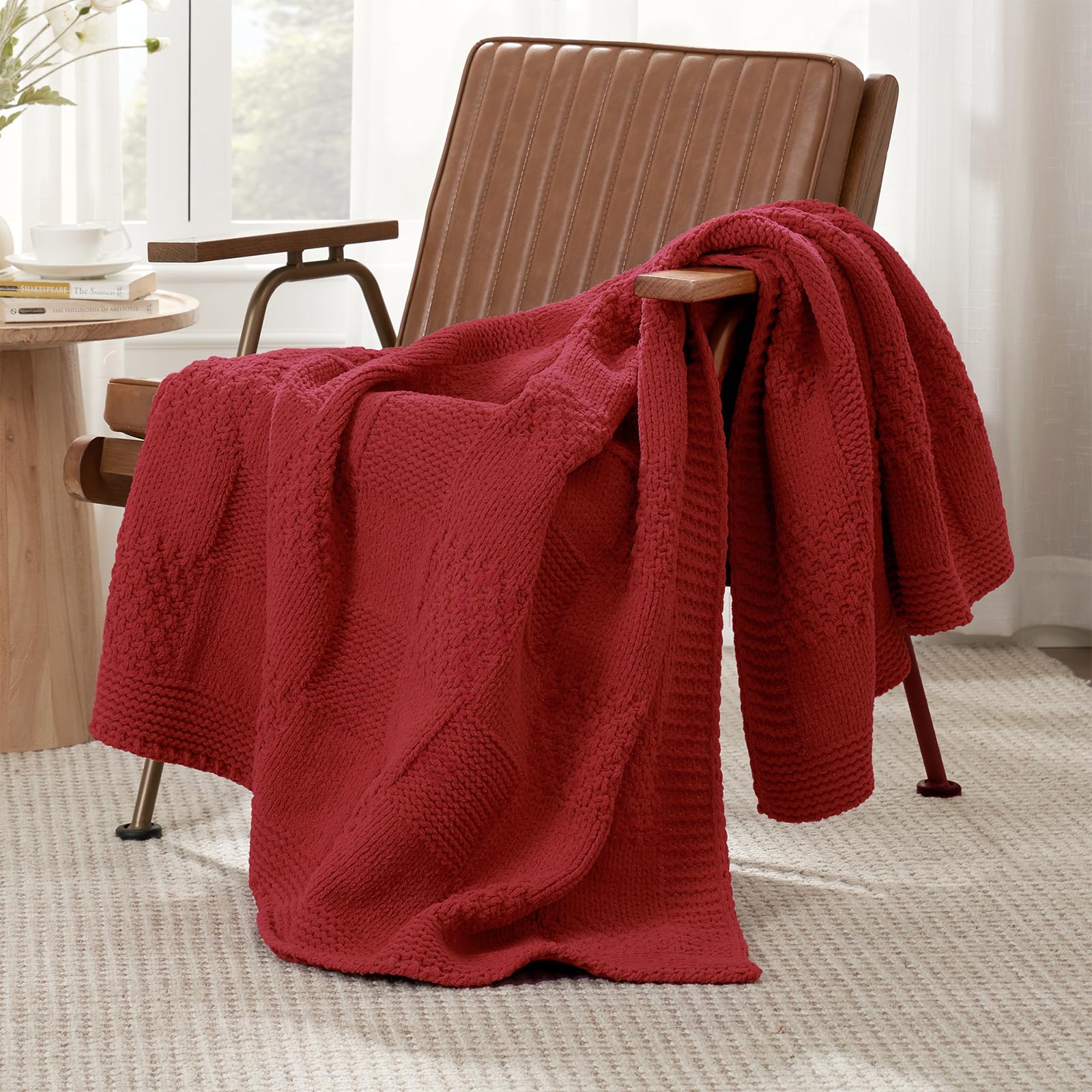Sage Green Chunky Chenille Knit Throw Blanket 50x60 Inch Checkered Decor Blanket for Couch Bed