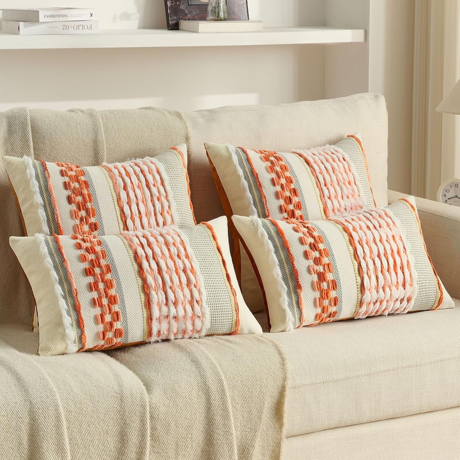 FUTEI Pack of 2 Boho Chenille Decorative Throw Pillow Covers 18x18 Inch Soft Plush Tufted Striped Textured Cushion Case,Farmhouse Accent for Couch Bed Living Room, Orange