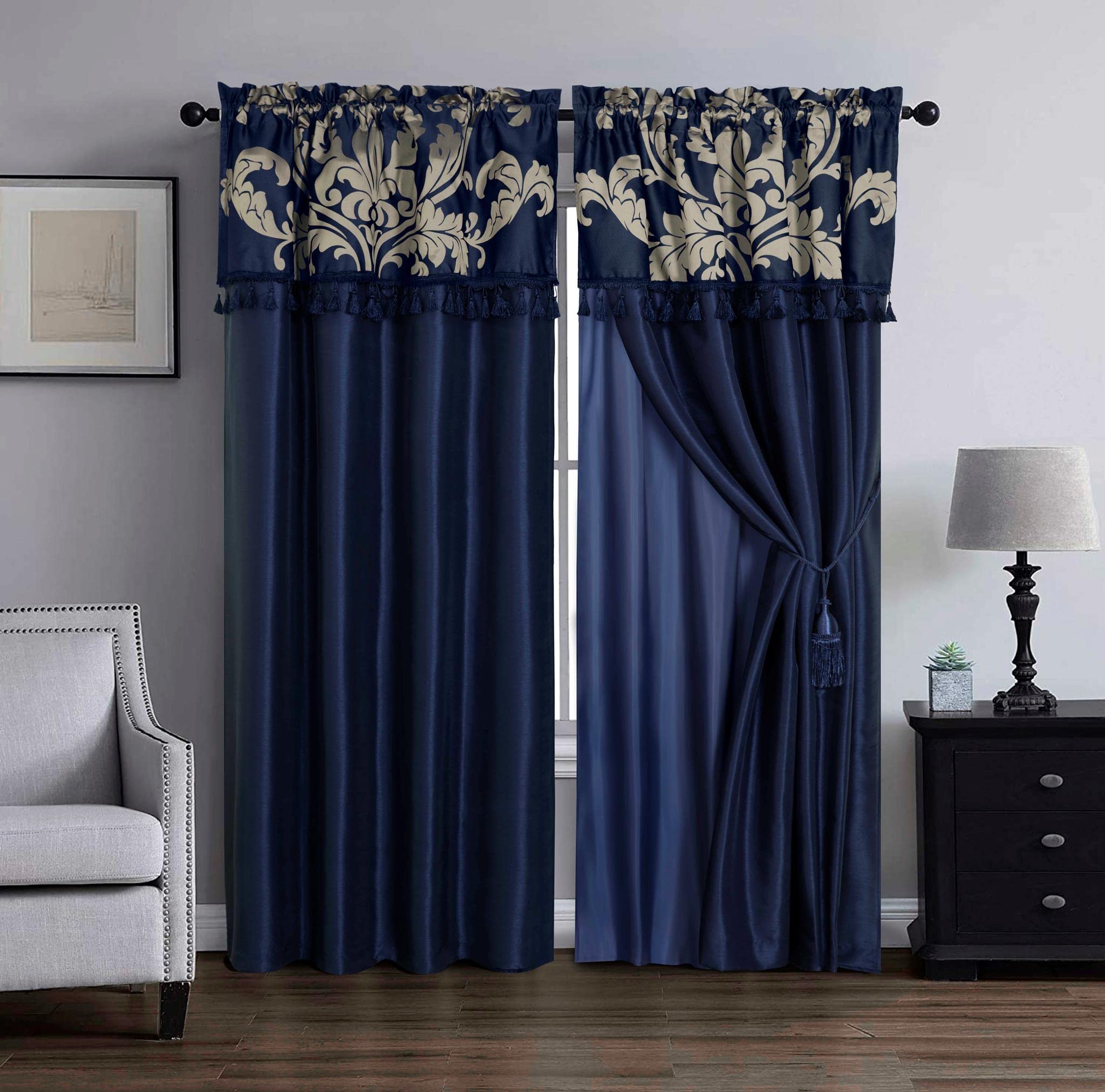 Chezmoi Collection Royale 4-Piece Jacquard Floral Window Curtain/Drape Set with Sheer Backing Valance Tassels, Champagne