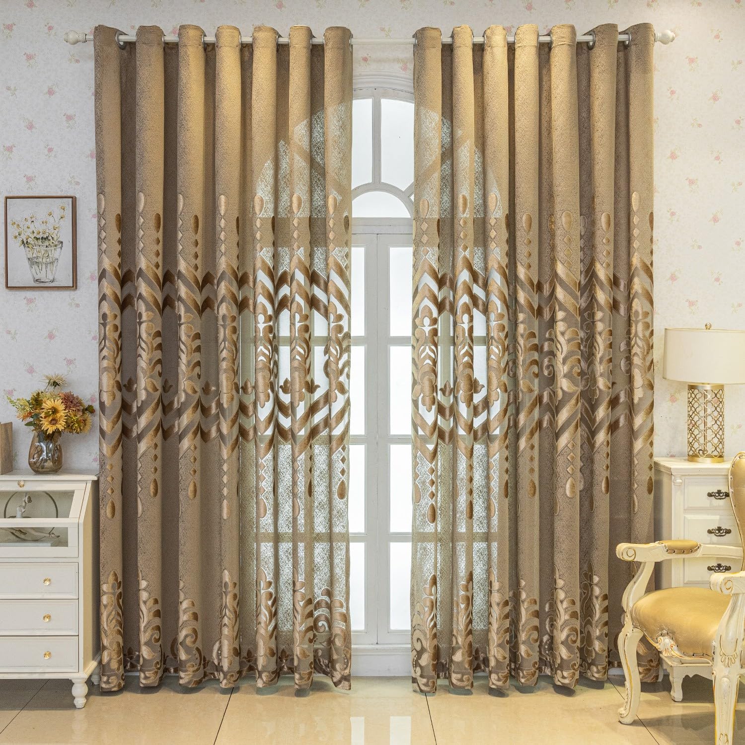 VOGOL Embroidered Curtains 84 inches Long Grommet Window Treatment Voile Panel Drape for Living Room Kitchen, Two Panels, W54 x L84 inch