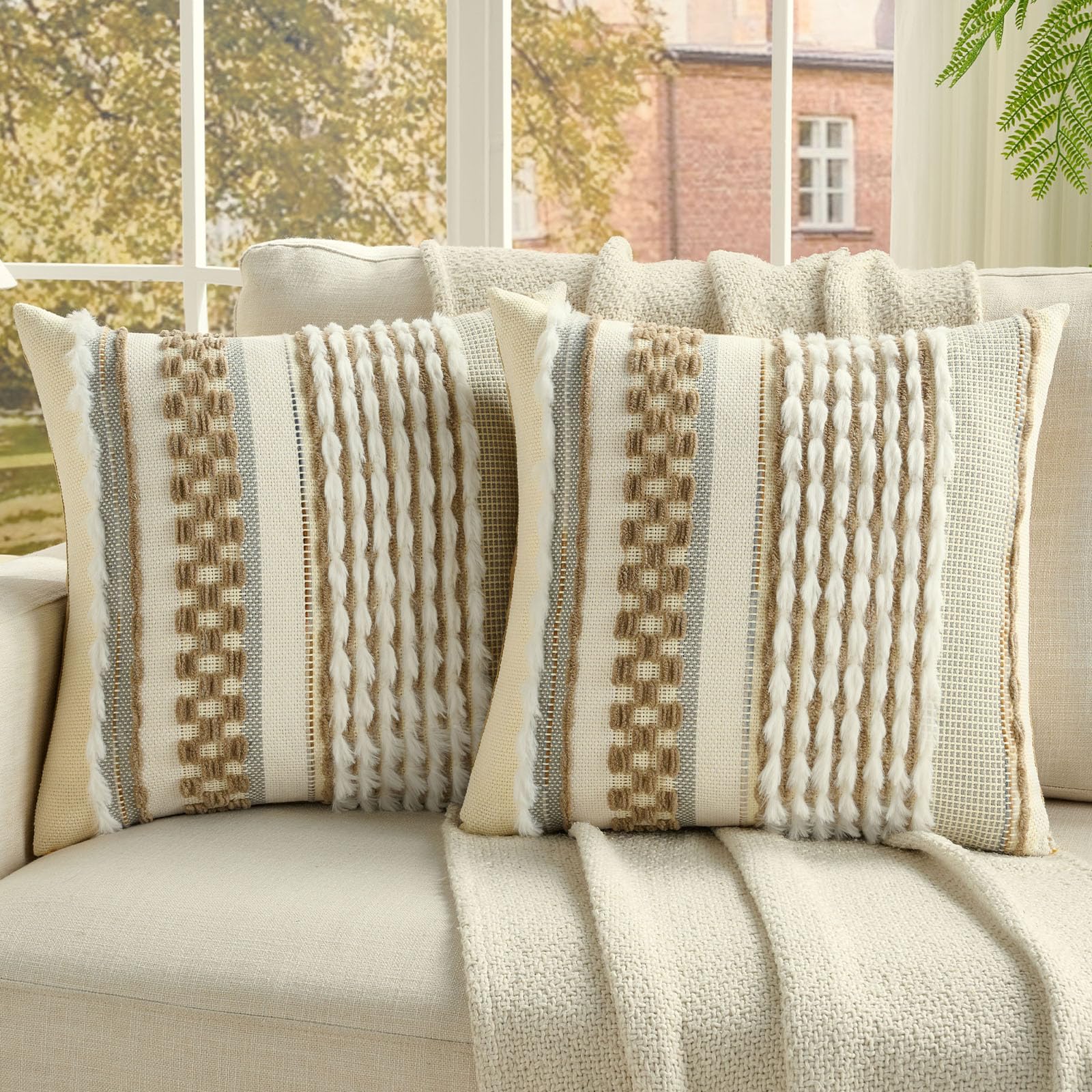 FUTEI Pack of 2 Boho Chenille Decorative Throw Pillow Covers 18x18 Inch Soft Plush Tufted Striped Textured Cushion Case,Farmhouse Accent for Couch Bed Living Room, Orange
