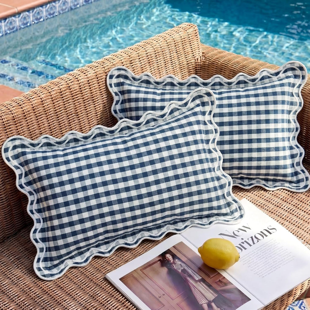 12x20 Navy Blue Gingham Plaid Scalloped Outdoor Lumbar Pillows Waterproof & Fade-Resistant Set of 2, Coastal Checkered Embroidered Ruffle Pillow Covers Decorative for Patio Furniture, Beach Decor