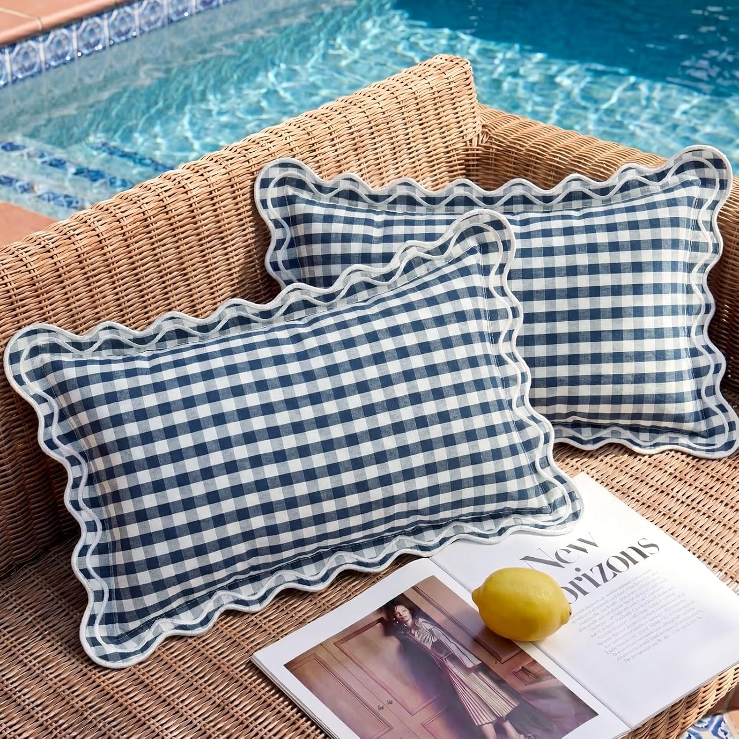 12x20 Navy Blue Gingham Plaid Scalloped Outdoor Lumbar Pillows Waterproof & Fade-Resistant Set of 2, Coastal Checkered Embroidered Ruffle Pillow Covers Decorative for Patio Furniture, Beach Decor