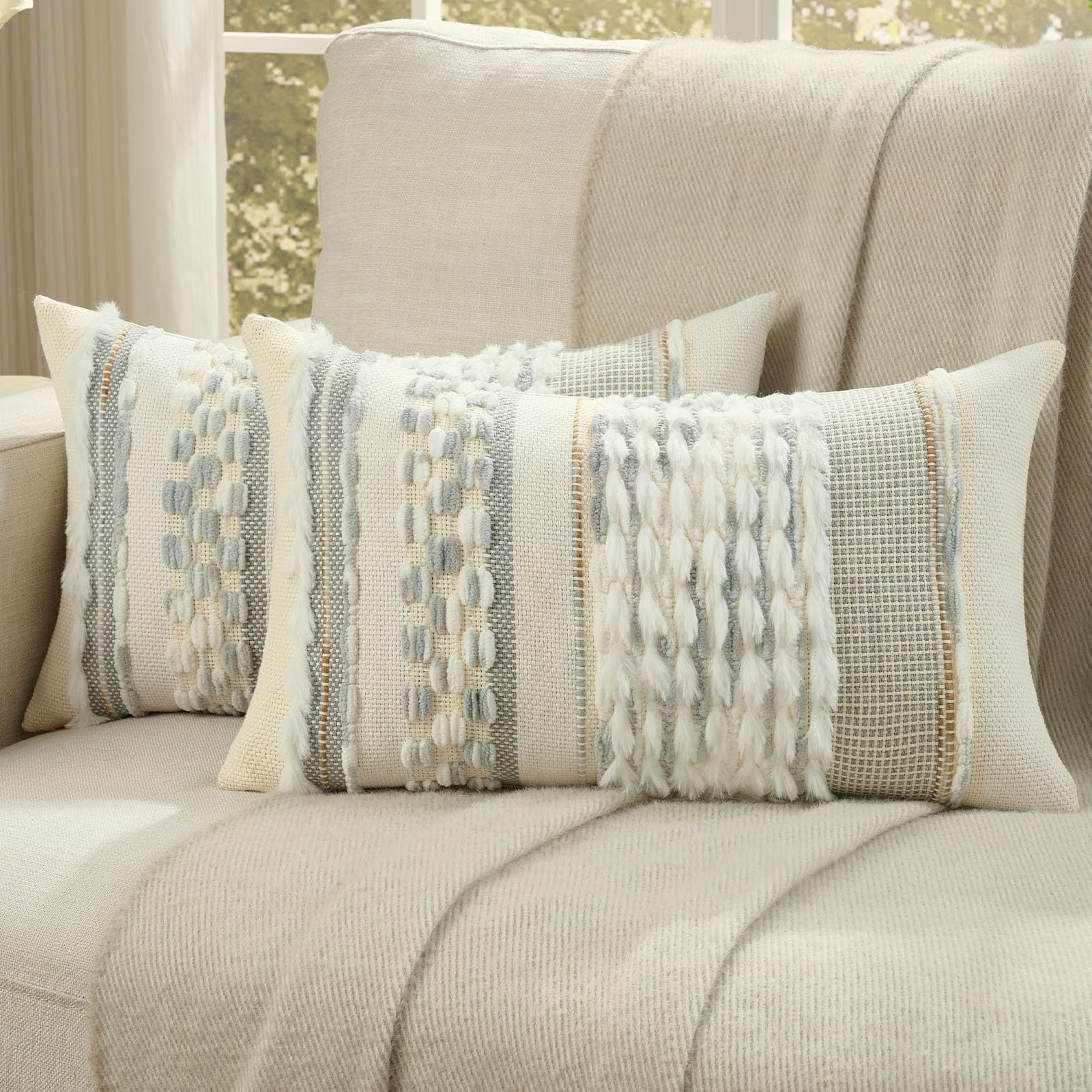 FUTEI Pack of 2 Boho Chenille Decorative Throw Pillow Covers 18x18 Inch Soft Plush Tufted Striped Textured Cushion Case,Farmhouse Accent for Couch Bed Living Room, Orange
