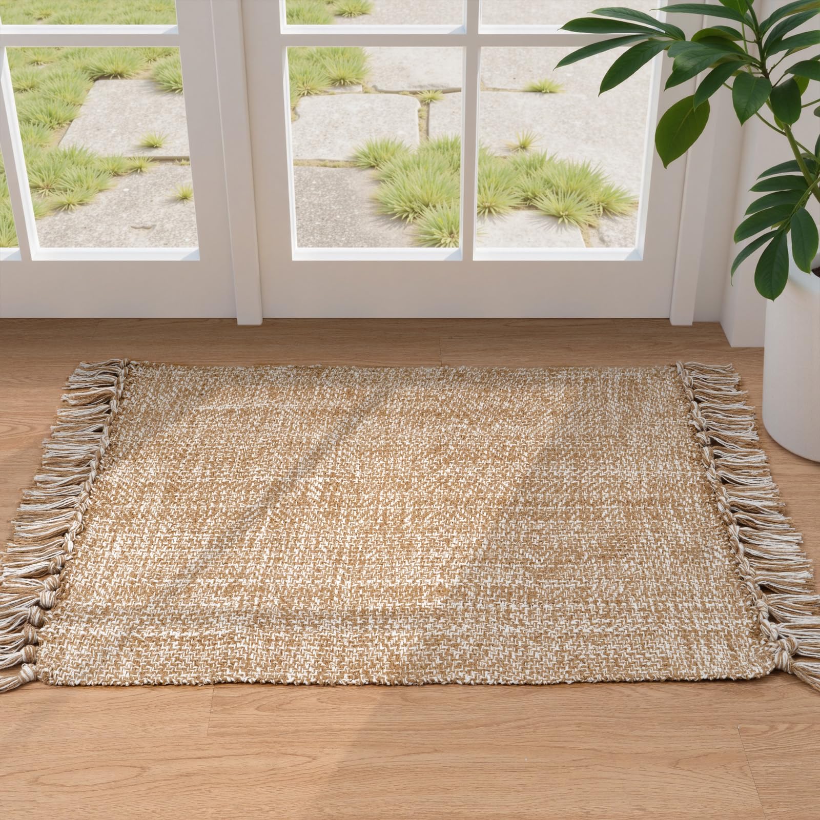 Collive Comfy Area Rug 4' x 6', Tan/Cream Woven Cotton Bedroom Rugs, Modern Indoor Accent Rug Floor Carpet with Tassel for Living Room, Nursery Room, Dining Room, Bedside, Office, Patio Decor